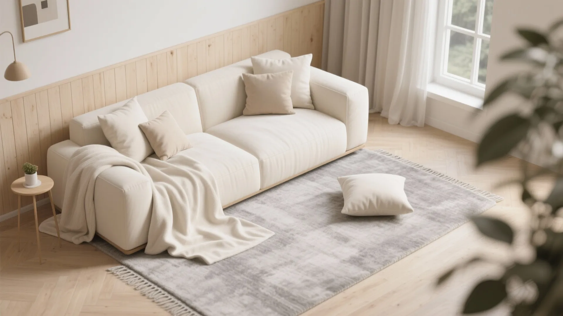 Neutral living room corner showing a cream sofa with pillows, grey rug, and wall panel