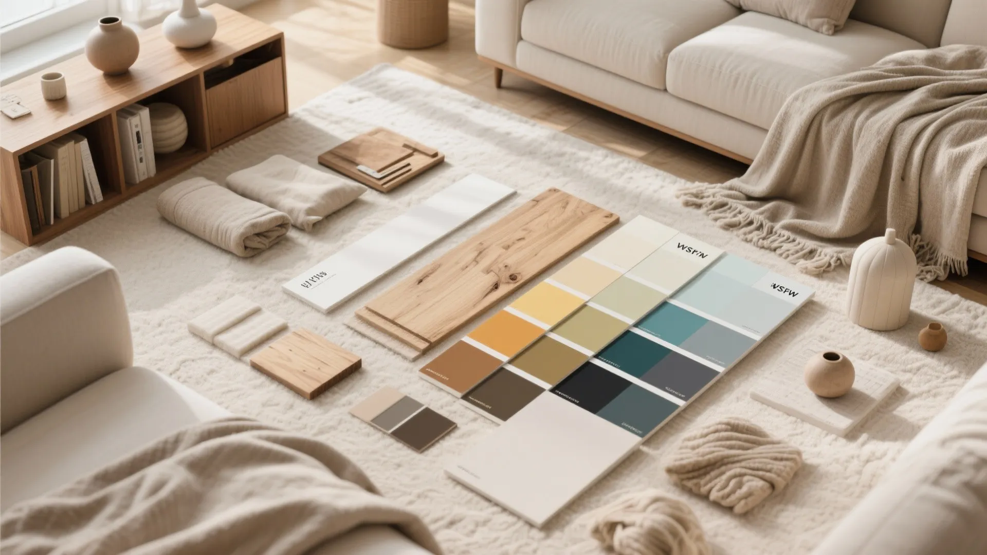 Interior design materials on rug showing color paint swatches wood floor samples and neutral fabric pieces
