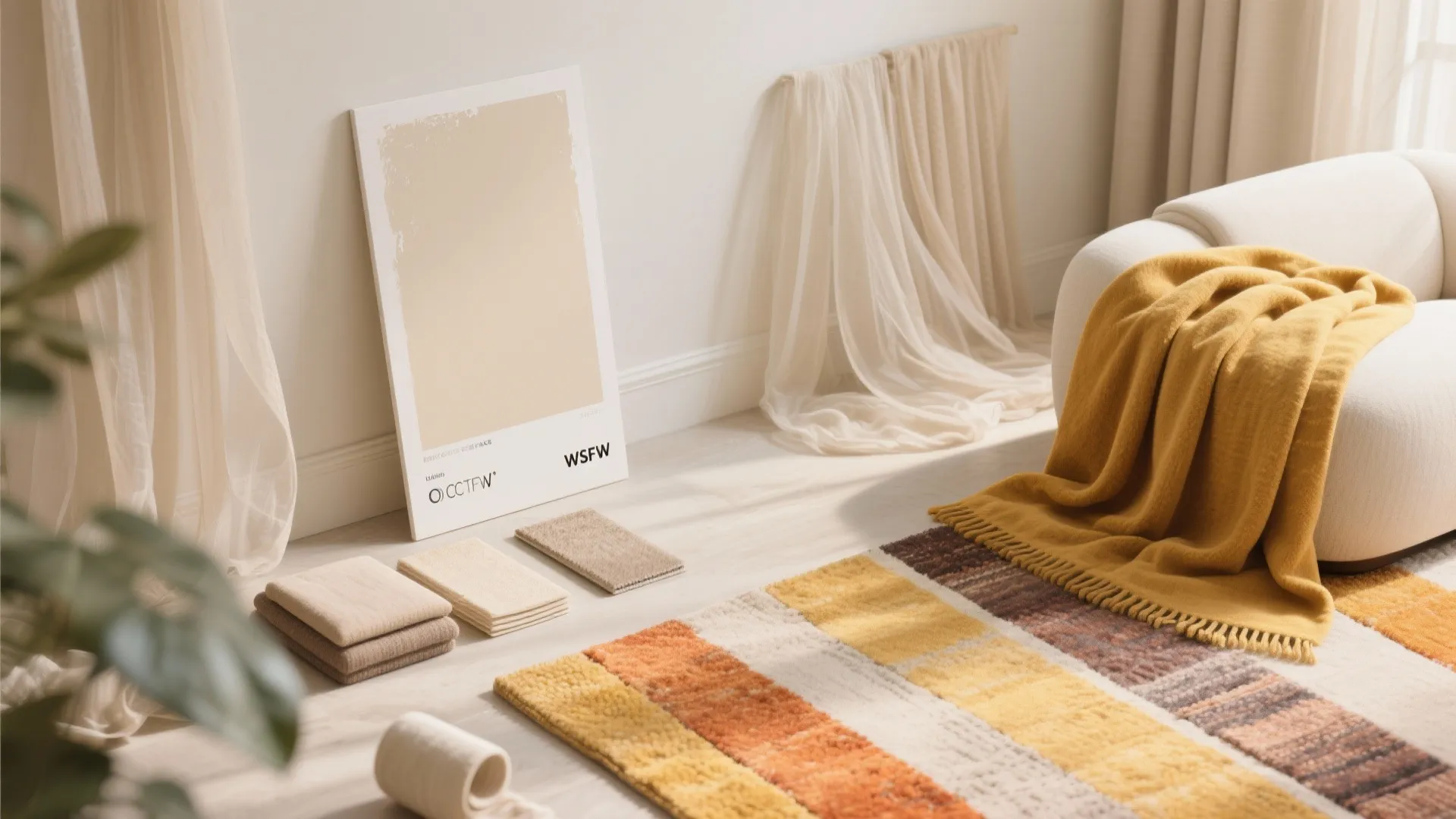Interior design mood board with color samples fabric swatches a rug and a yellow blanket