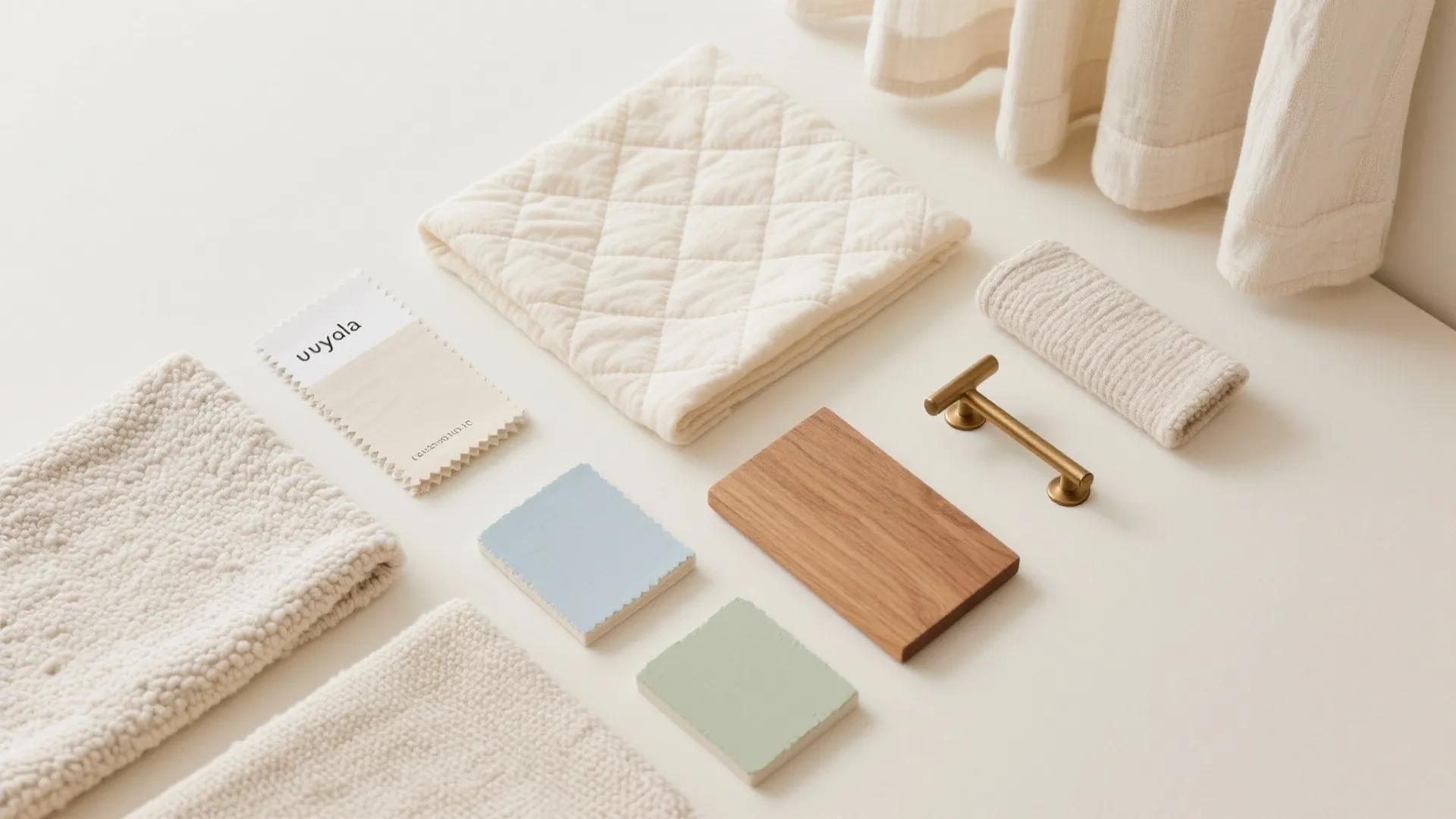 Collection of interior design materials including wood, gold handle, blue swatches, and various white fabrics