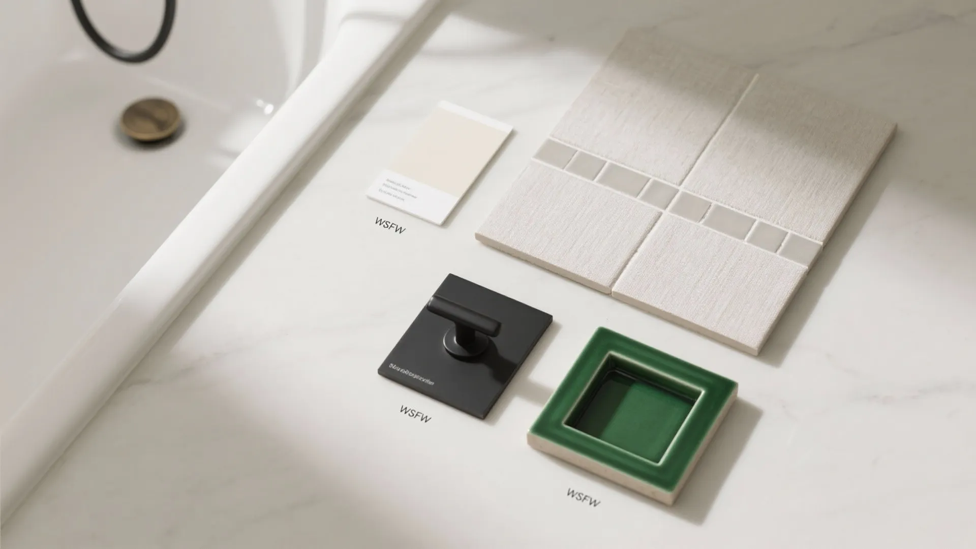 Flatlay of warm whites, greige tiles, linen micro-texture, mid-tone grout, matte black hardware, and green accent.