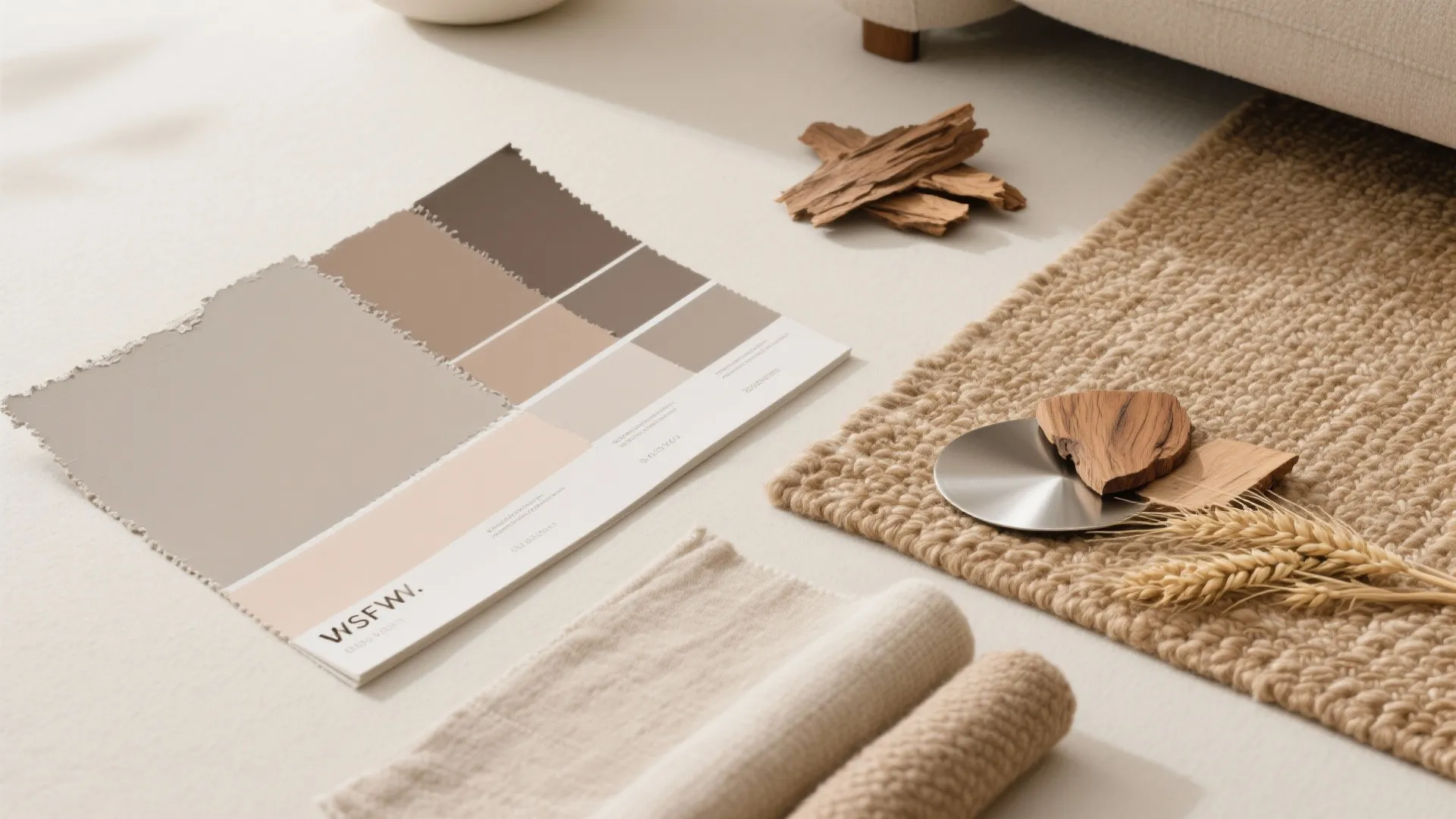 Neutral color palette card with wood pieces fabric samples and brown rug on light floor