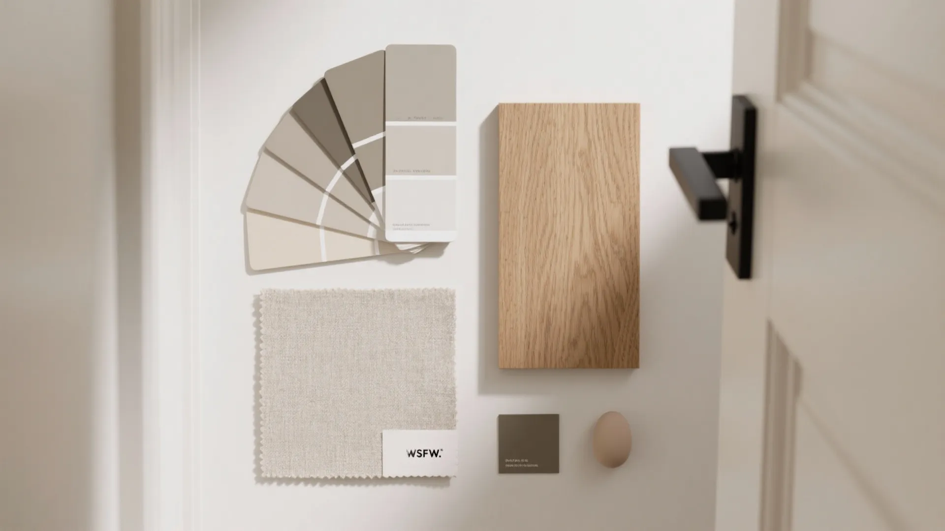 Interior design mood board with paint swatches wood sample fabric and neutral colors on white surface