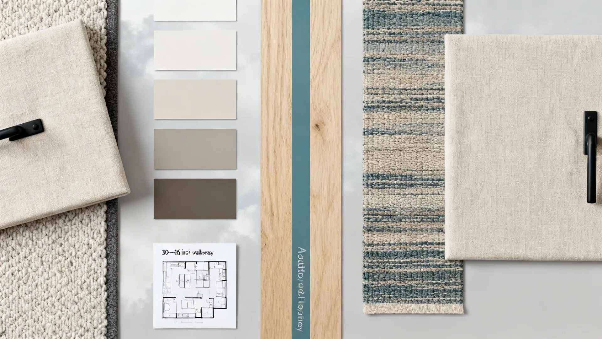 Interior design material board with neutral color swatches wood flooring blue rug and floor plan