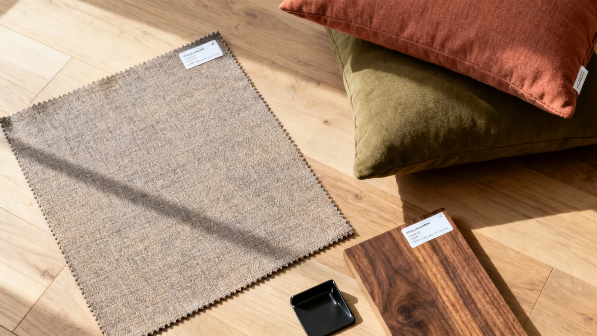 Flat lay with neutral sofa fabric, muted accent swatches, walnut and light oak samples, and black metal.
