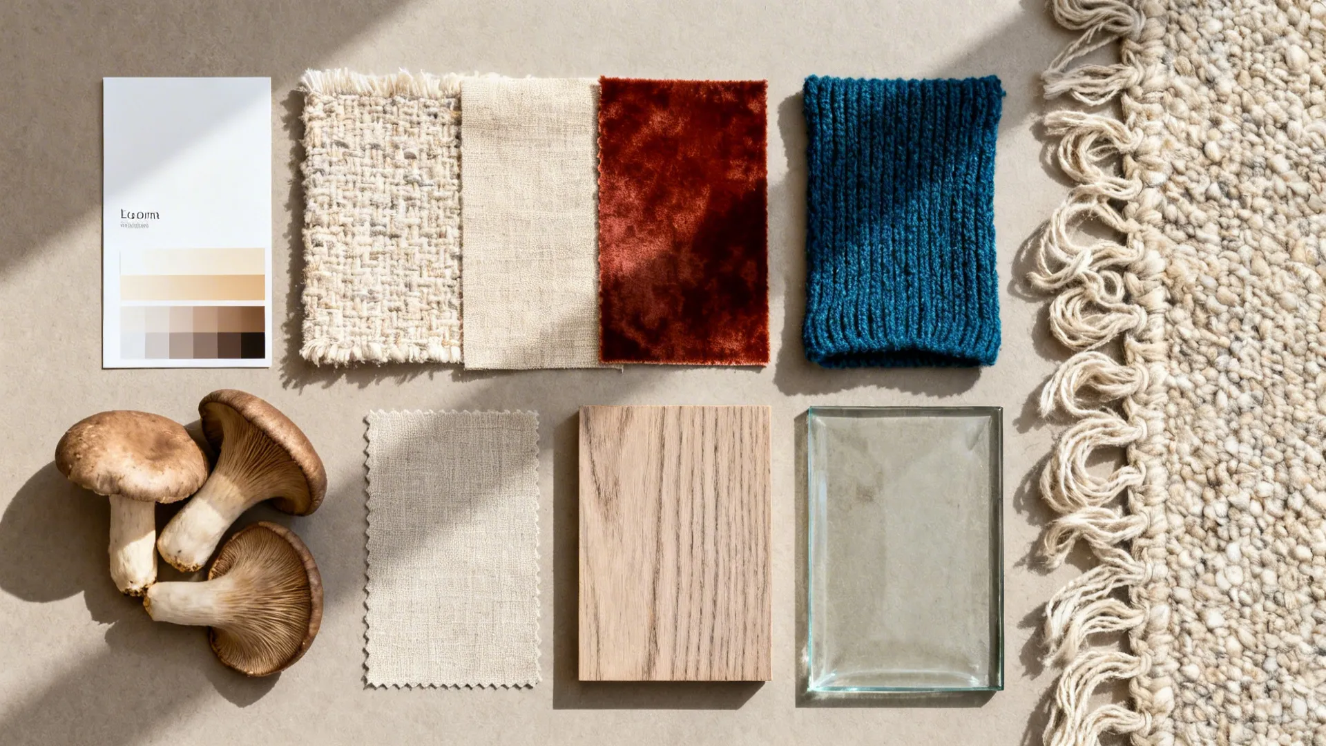 Top-down flat lay of neutral fabrics, rust velvet, cobalt knit, wood veneer, glass, and rug samples.