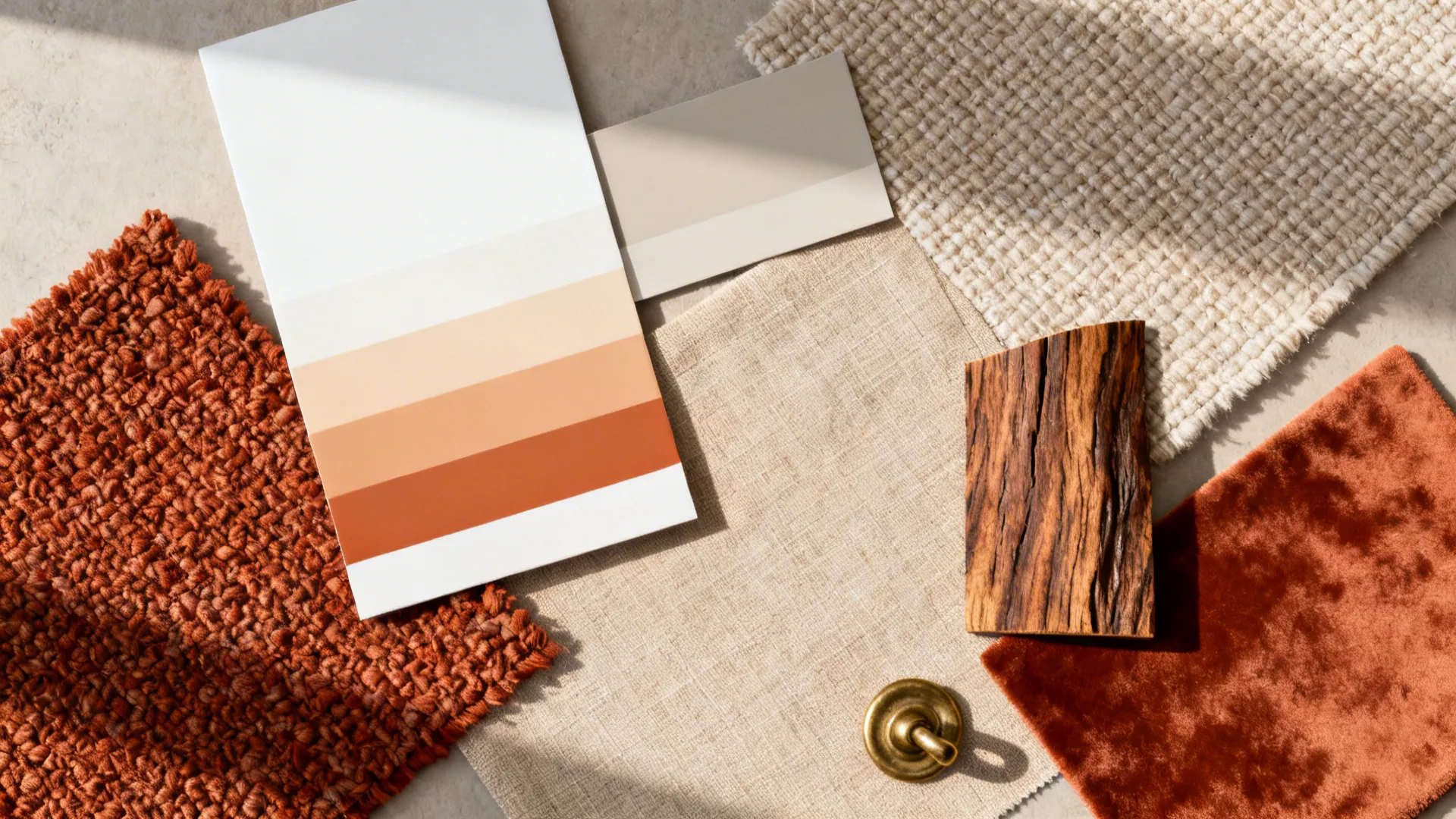 Top-down flatlay of warm white, greige, oat paint swatches with bouclé, linen, walnut, and brass.