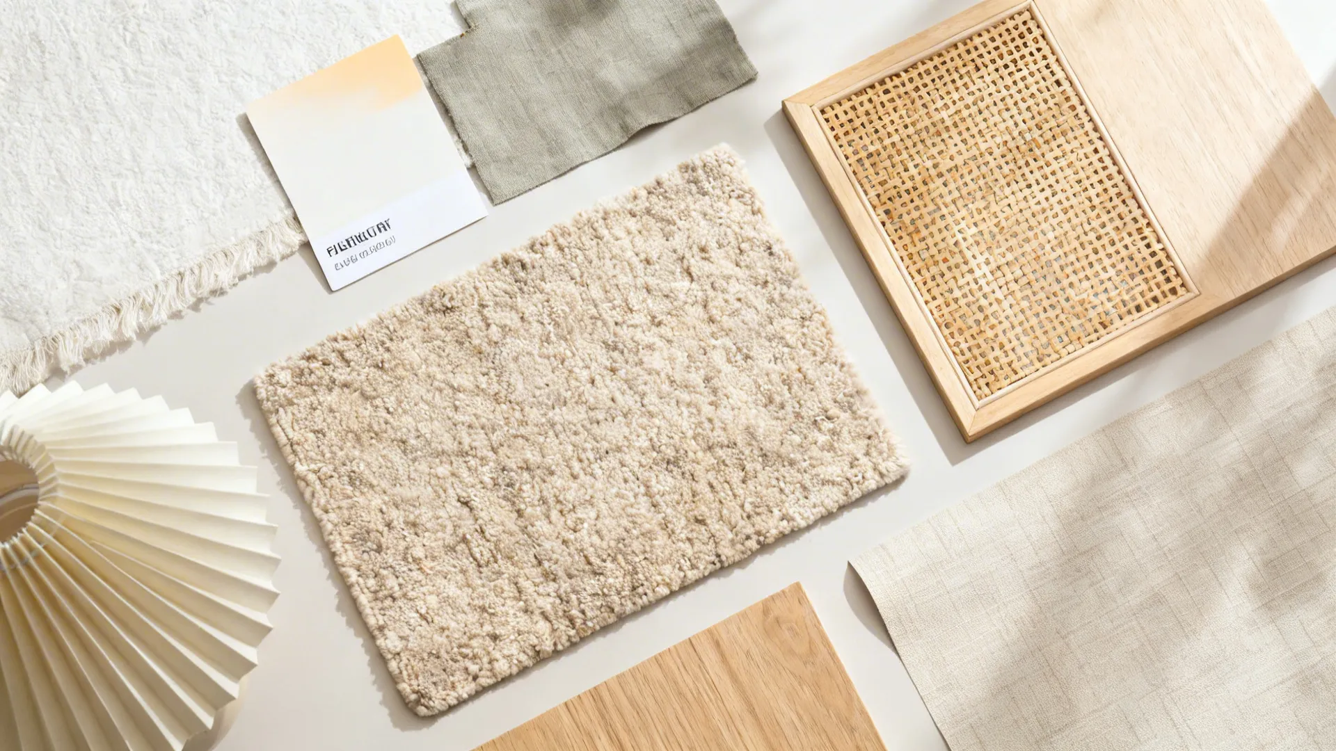 Top-down flatlay of warm white, greige, oatmeal, cane, and light wood materials for a nursery.