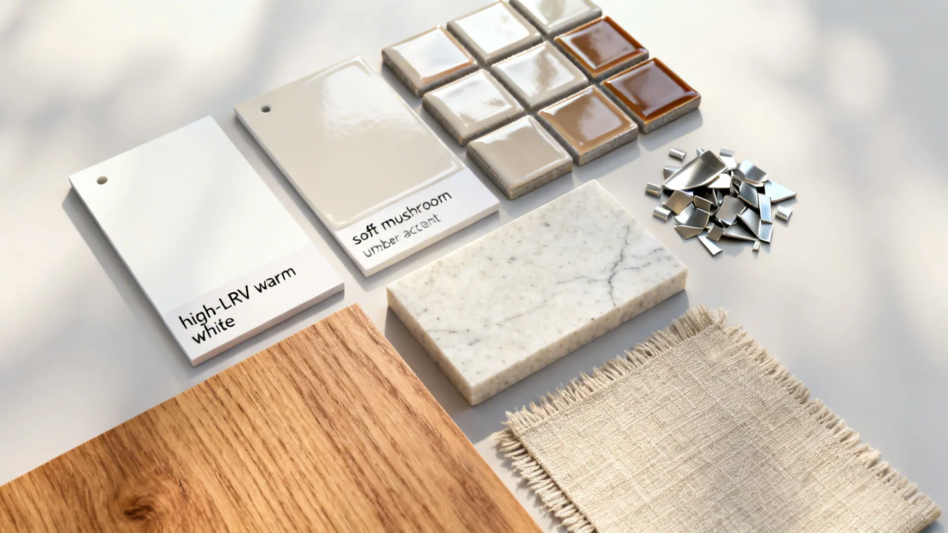 Top-down palette with high-LRV neutrals, an umber accent, quartz, oak, and stainless samples.
