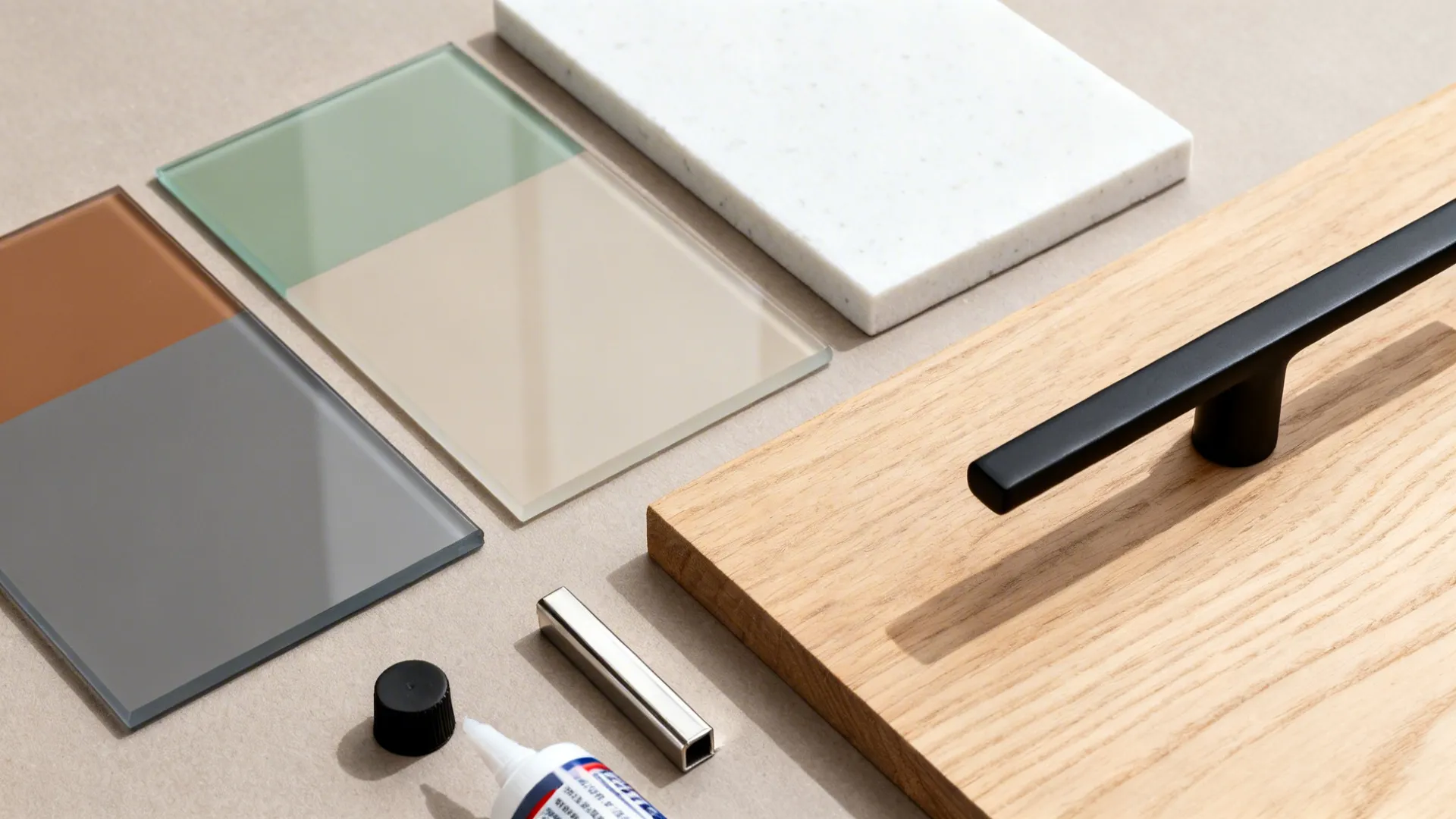 Flat lay of warm gray glass, sage chip, white quartz, and light oak for a Mumbai kitchen.