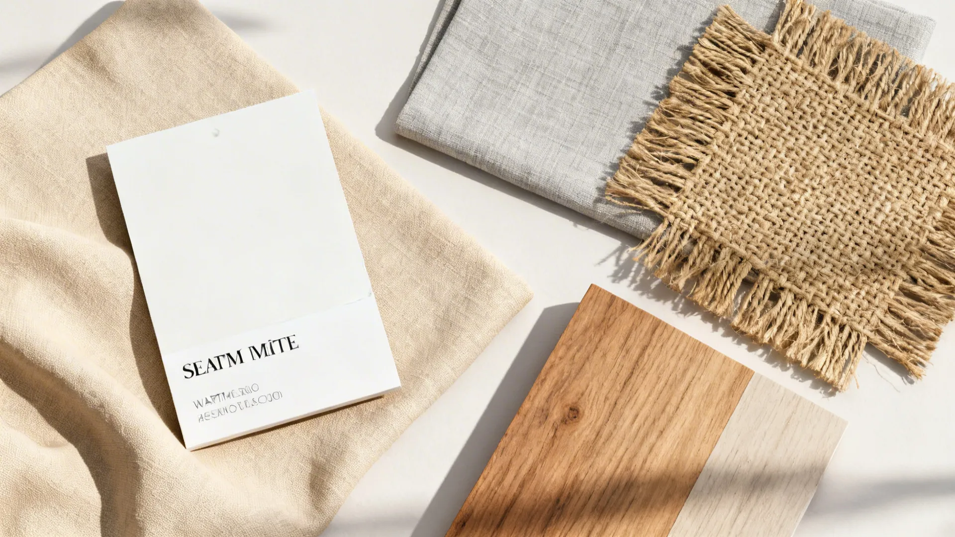 Flatlay of warm white, sandy beige, pale grey swatches and woven jute samples