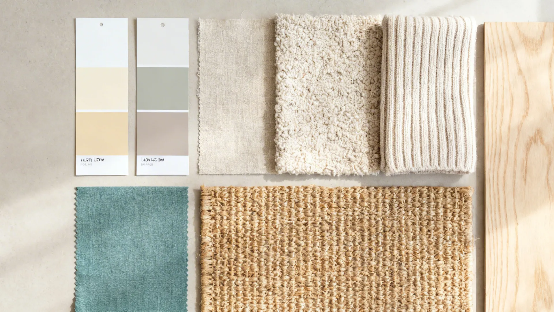 Flat lay of greige and oatmeal textiles, jute, light oak, and a muted teal accent swatch.