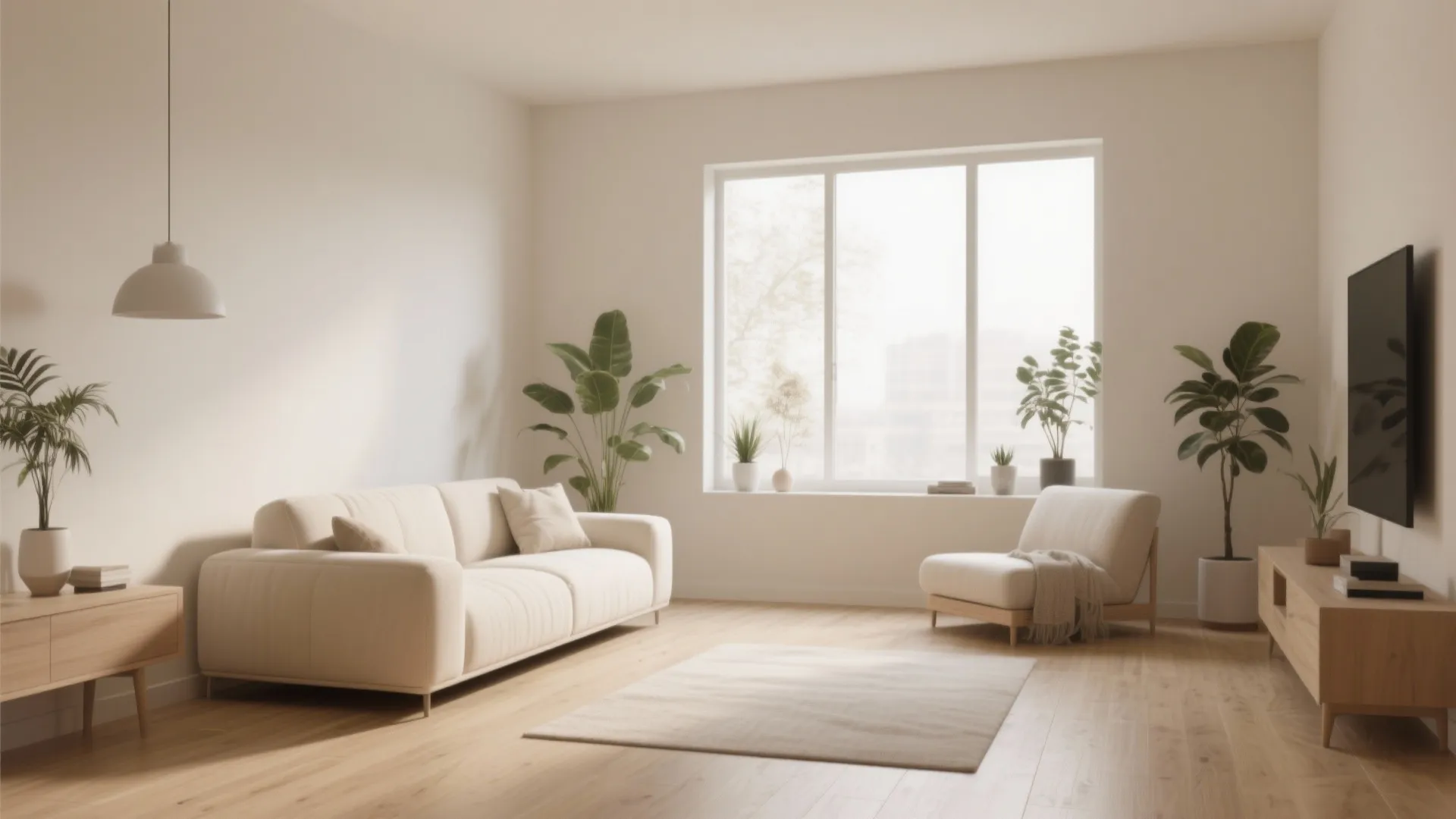 Minimalist living room featuring a cream sofa, wooden floor, large window, green plants, and television