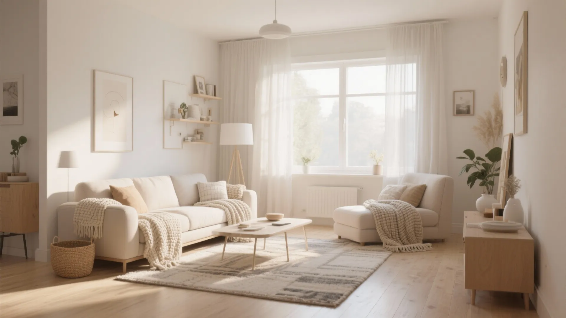 Bright cream living room with white sofa wooden coffee table floor lamp and large window view