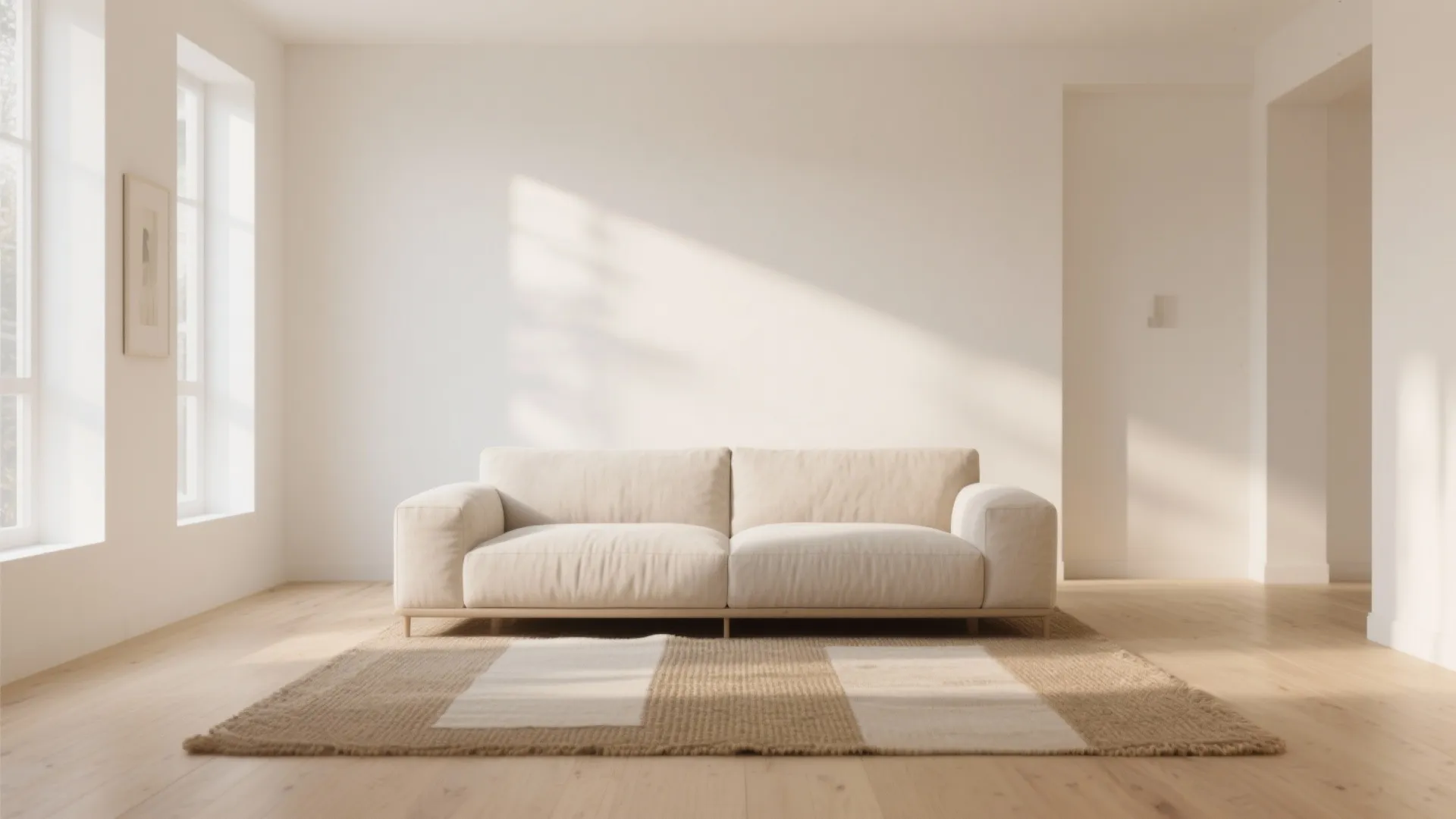 Minimalist living room with beige walls and layered textures