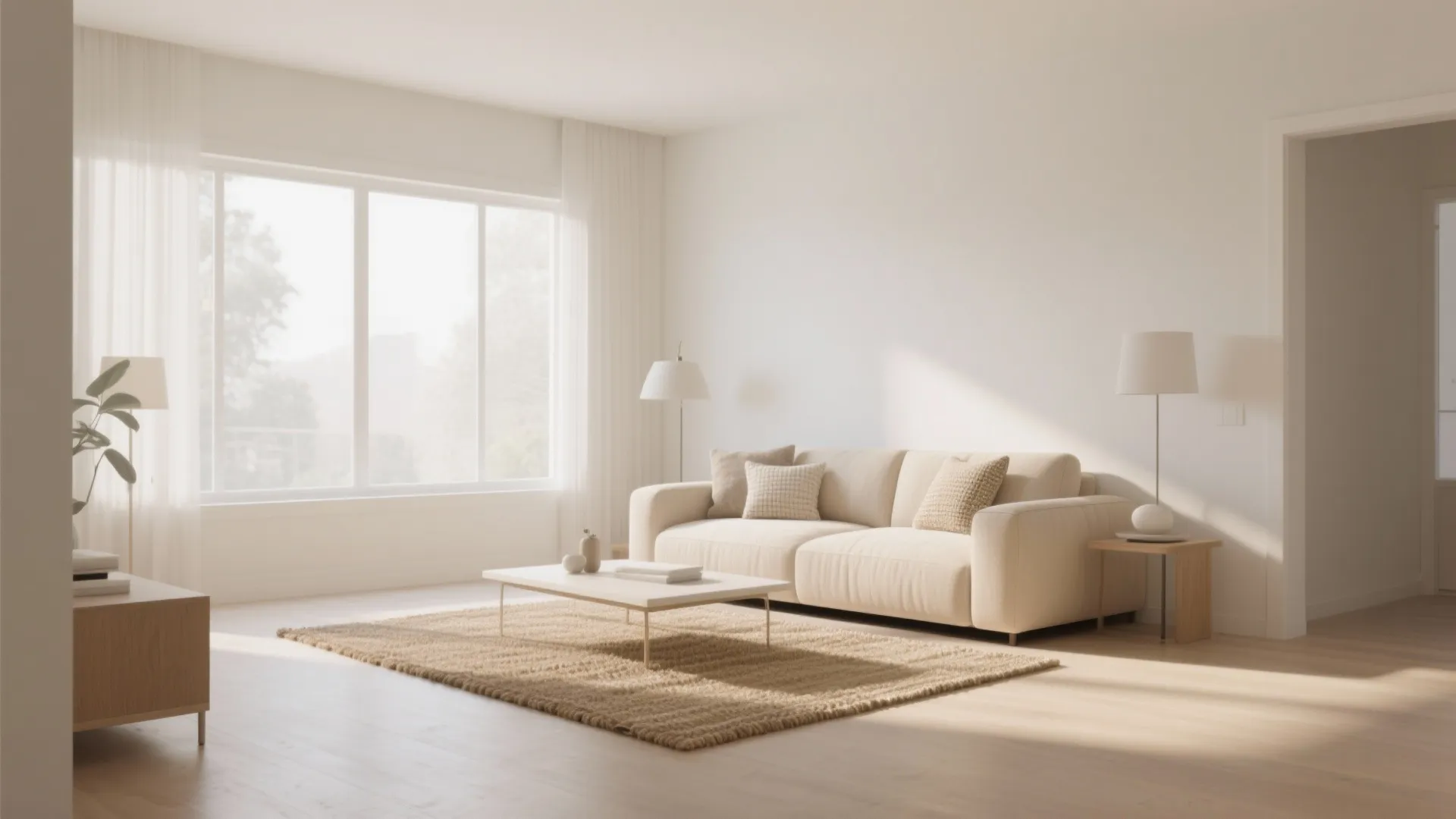 Minimalist cream living room with soft sofa white coffee table jute rug and large glass windows