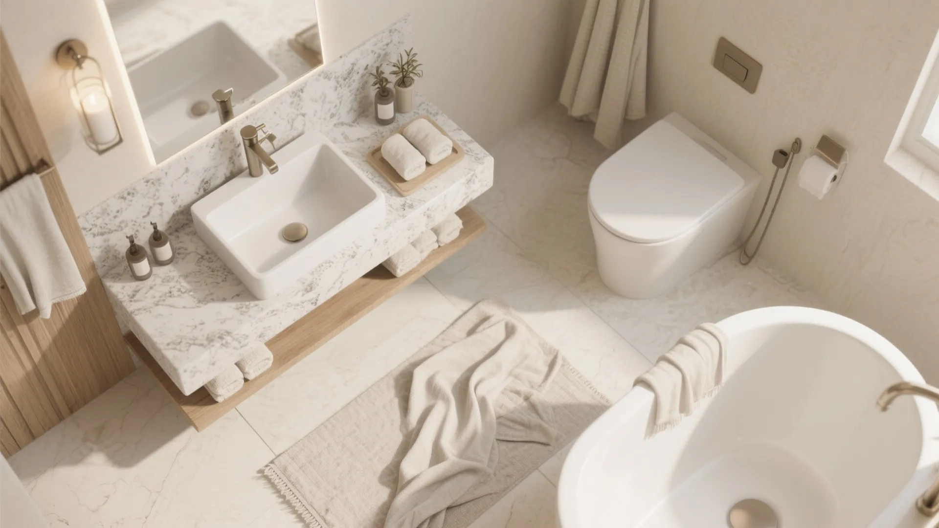 Top view of a neutral bathroom featuring marble counter white sink toilet bathtub and wall light