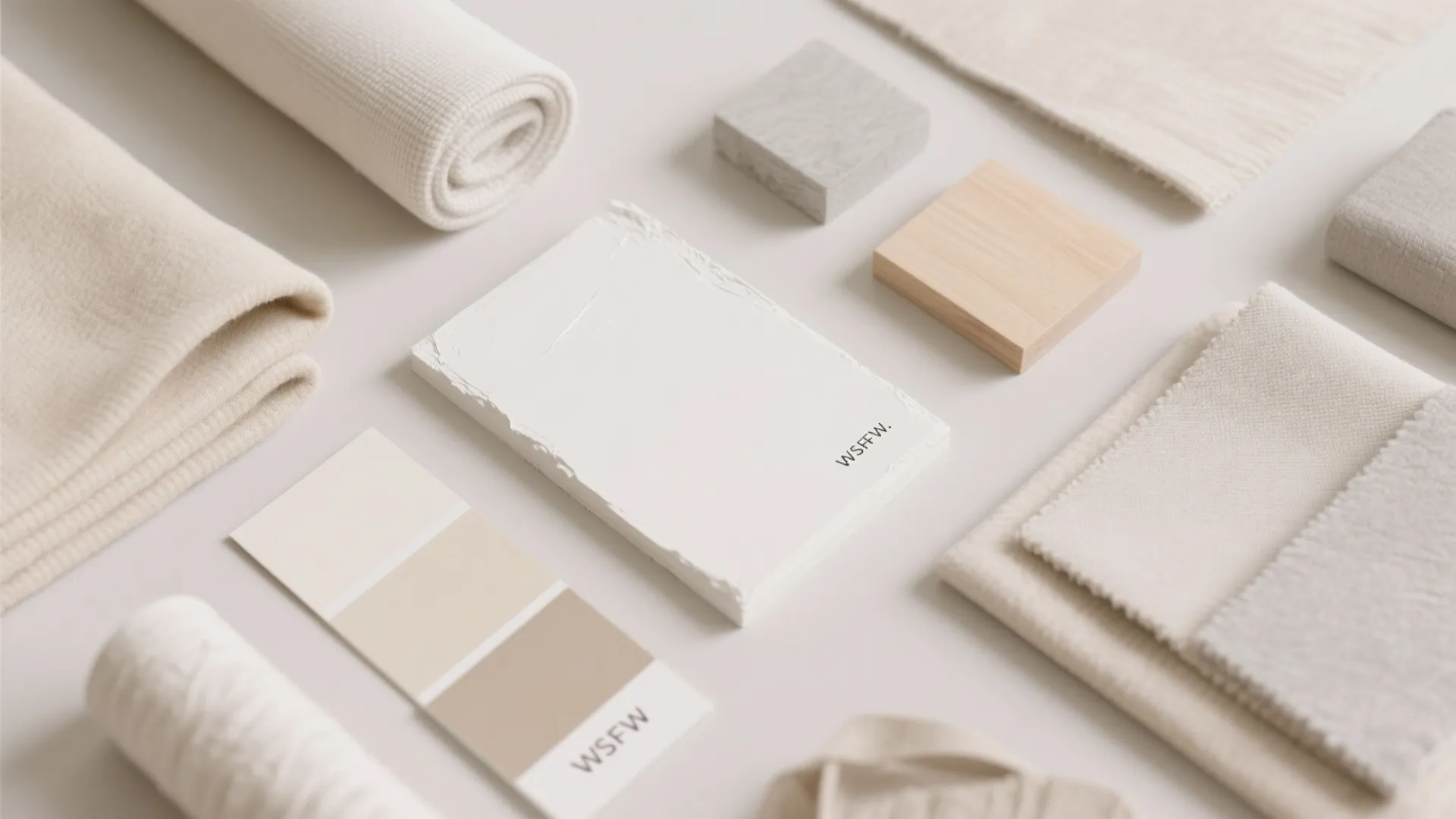 Interior design mood board with beige fabric samples color palette cards and light wood material blocks