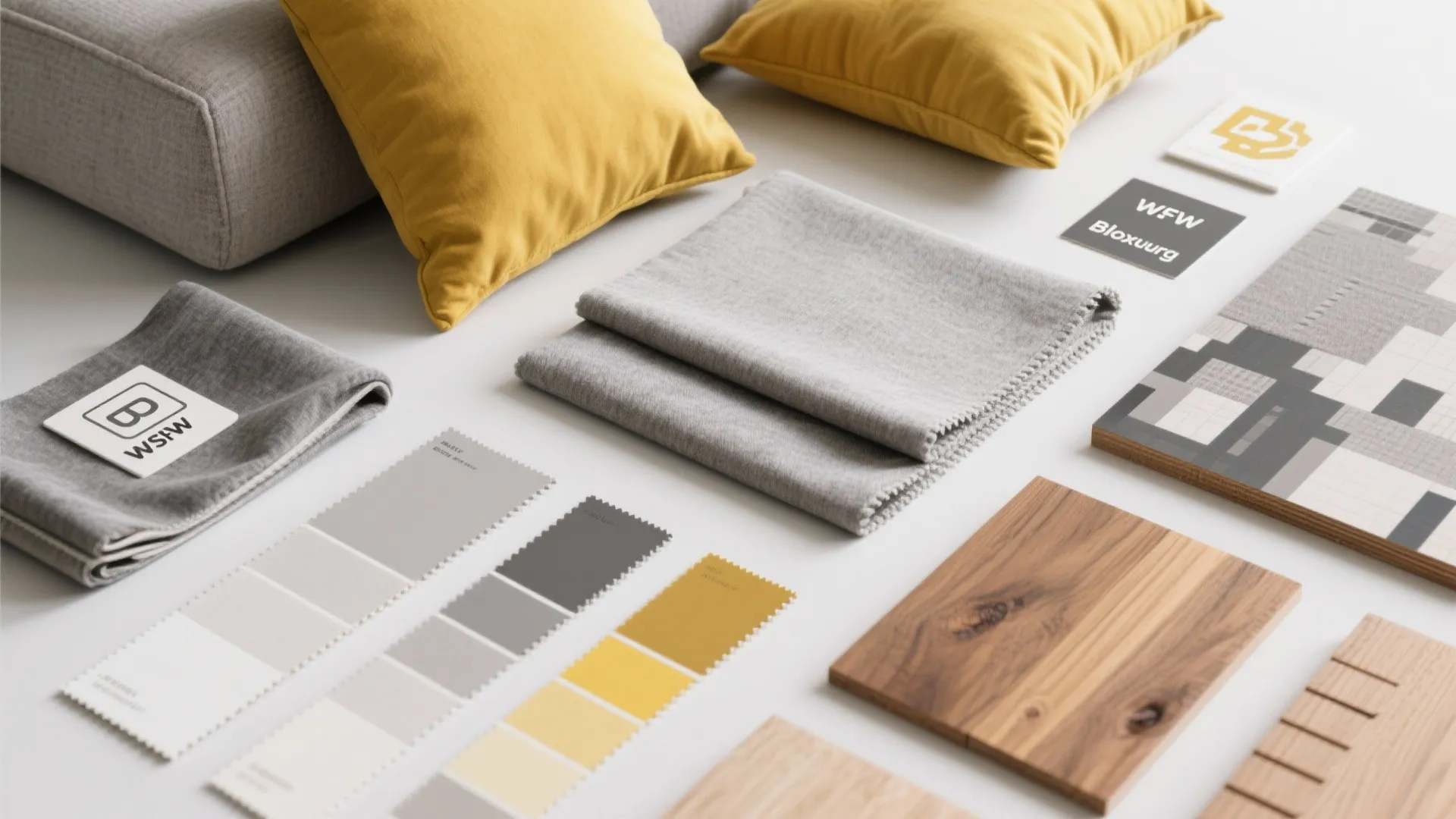 Interior design mood board with grey fabric yellow pillows wood samples and color palette cards