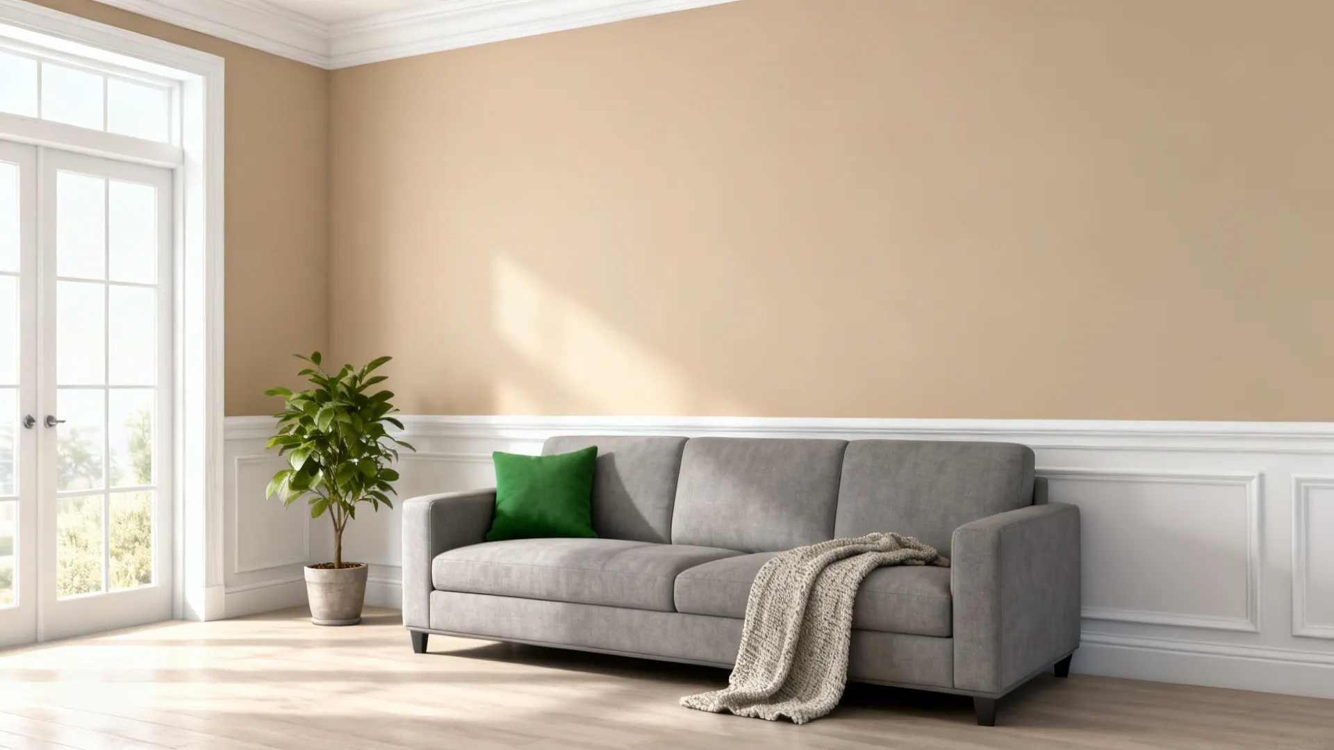 Neutral living room with soft greys and a green accent cushion