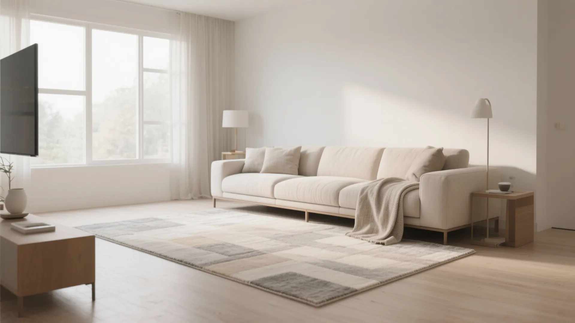Neutral beige and grey 8x11 rug in a minimalist living room with modern furniture