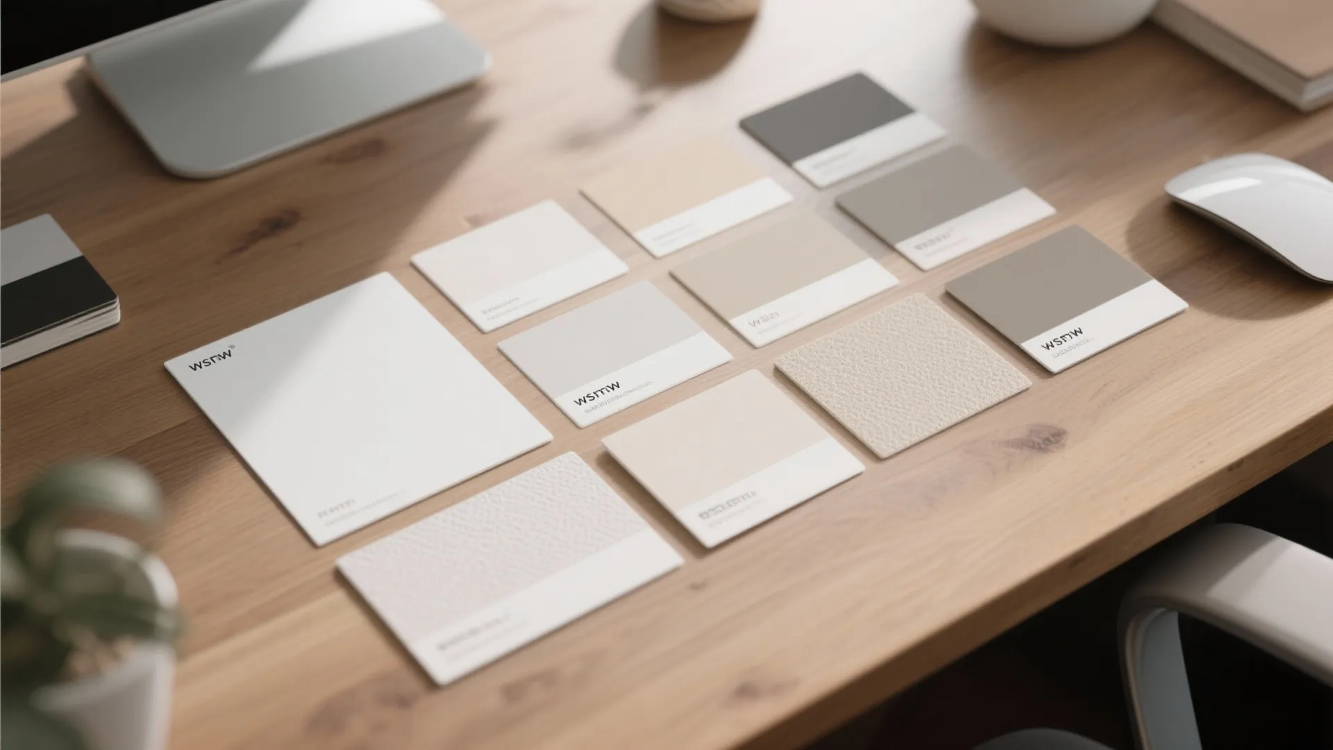 Neutral color swatches and fabric samples arranged on a wooden desk for an interior design