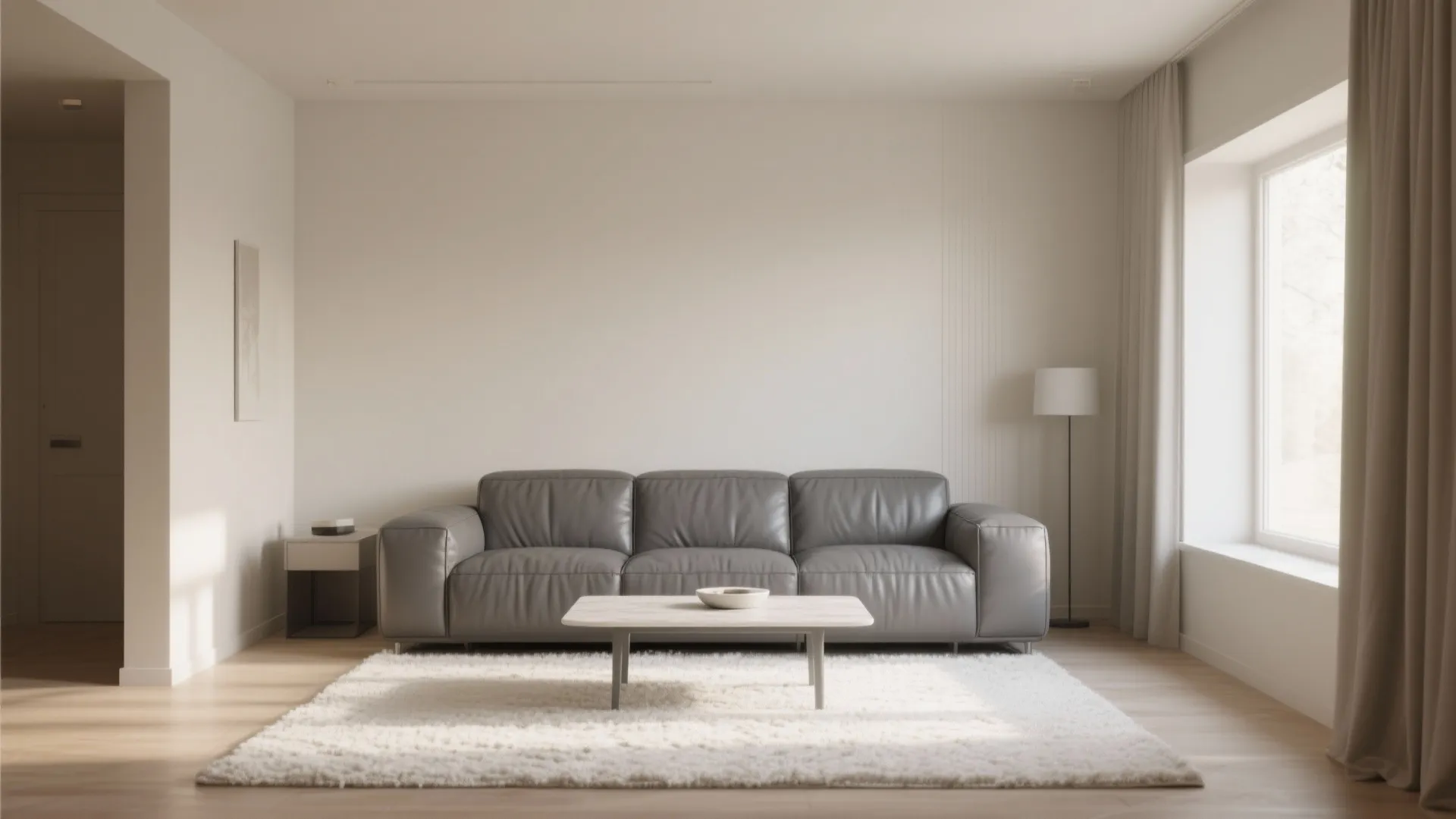 Minimalist living room featuring a grey leather sofa white rug coffee table and large window