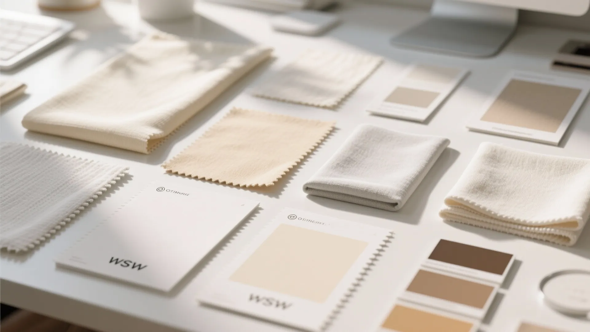 Collection of neutral fabric swatches and color palette cards arranged on a clean white desk