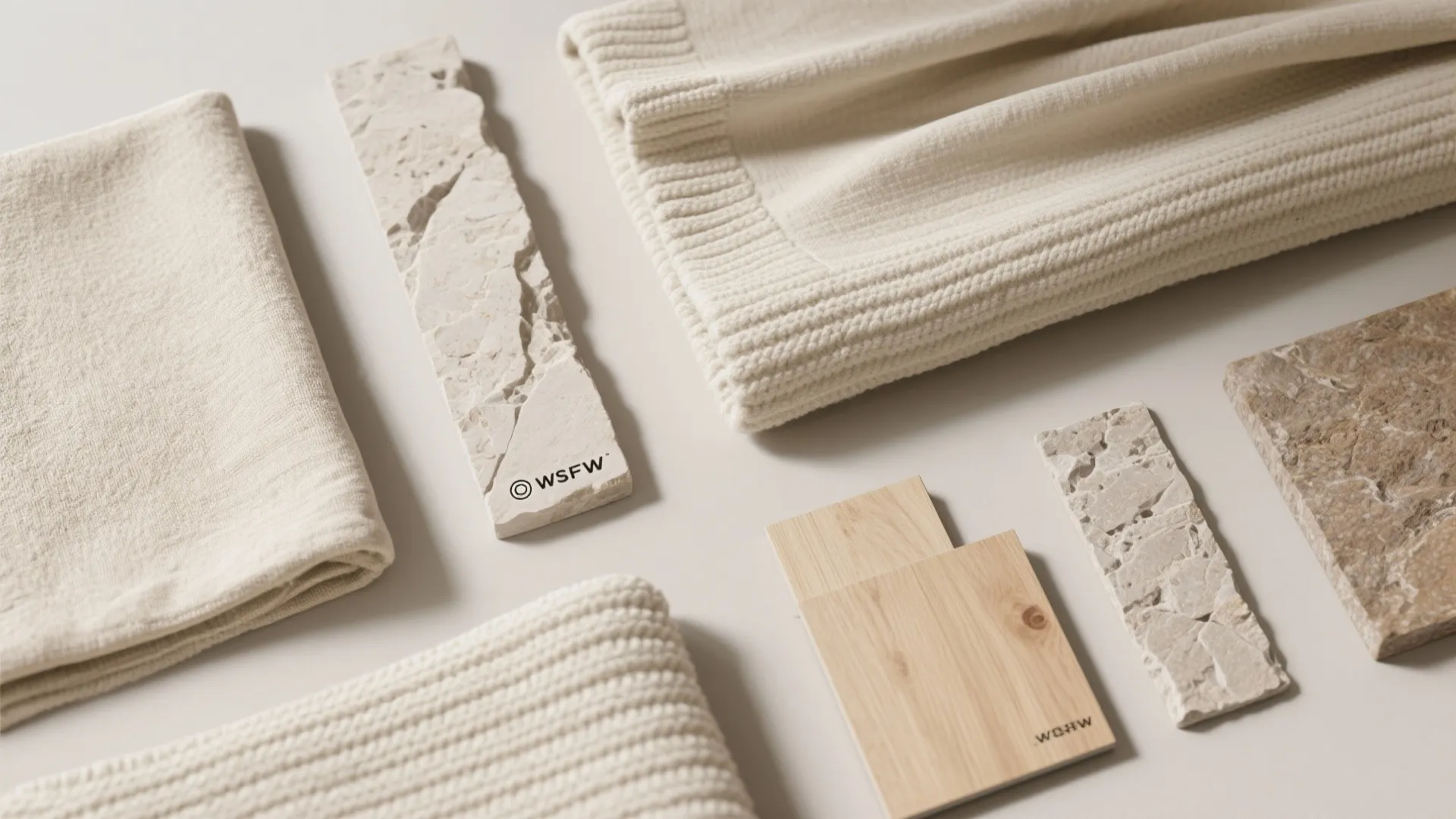 Mood board showing cream fabric samples stone tiles and light wood pieces for interior design planning