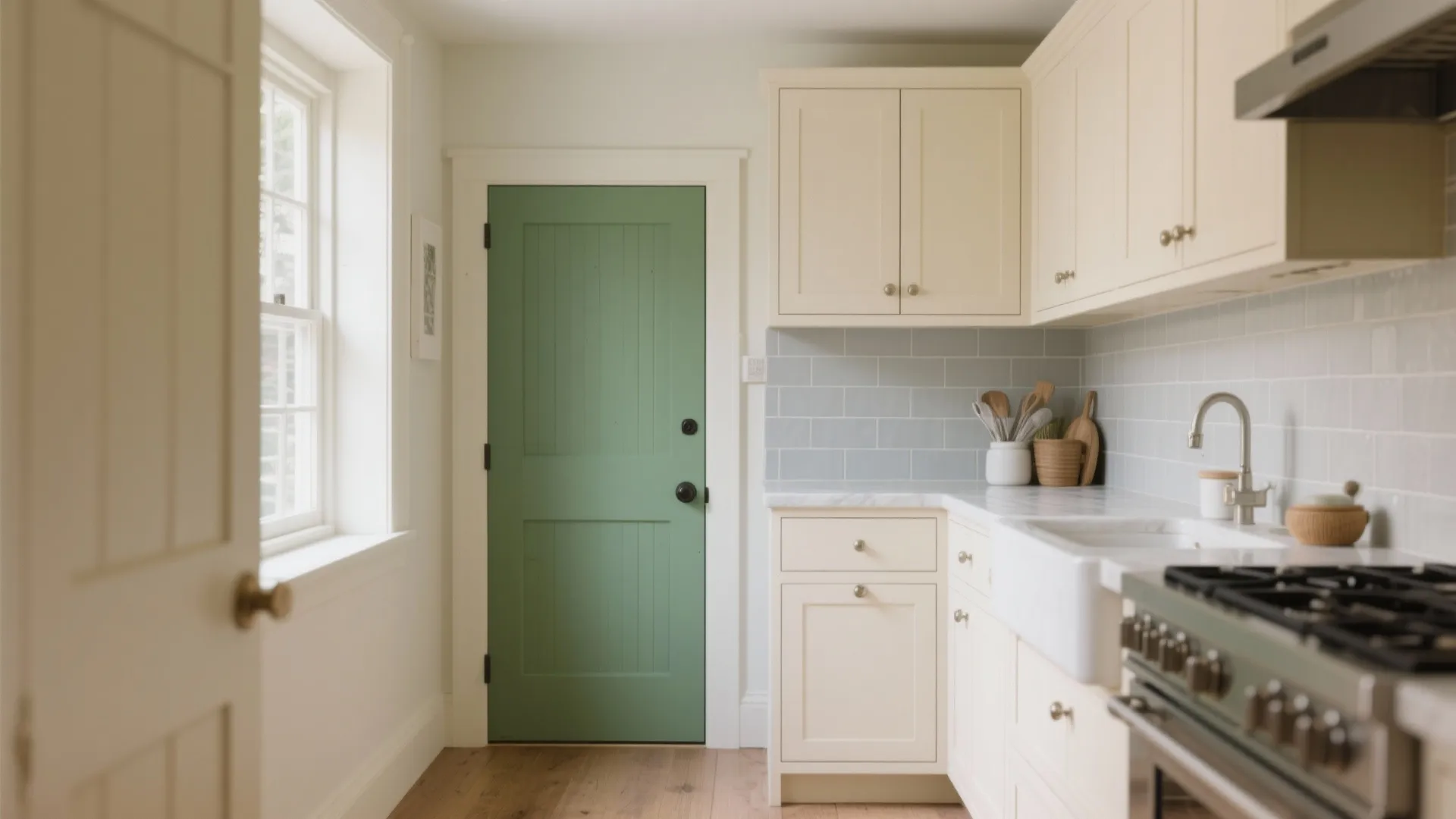Cream kitchen cabinets with grey tile backsplash featuring a green door and white farm sink area