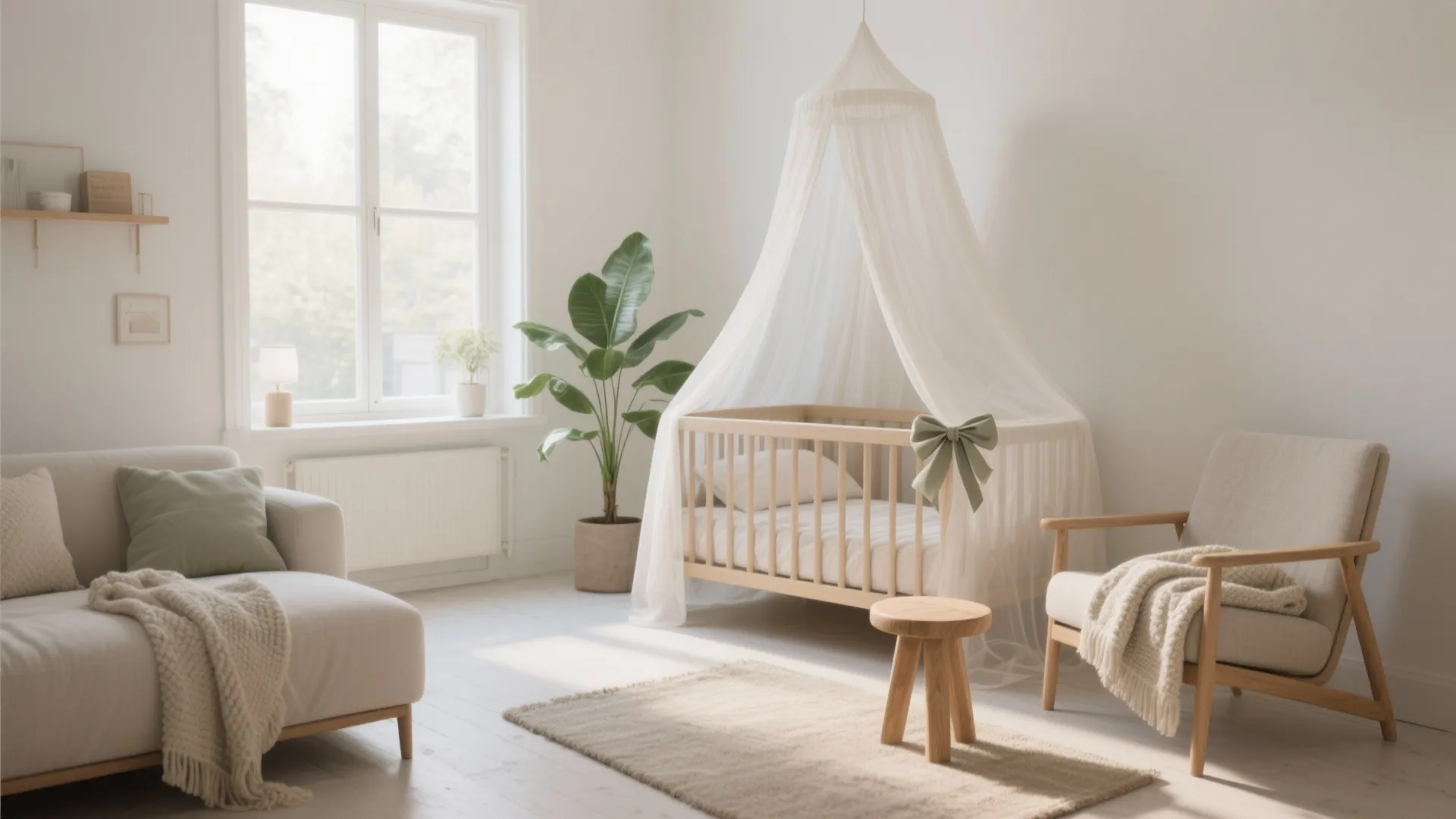 Bright nursery room with wooden baby crib, white canopy, green plant, armchair, and natural light