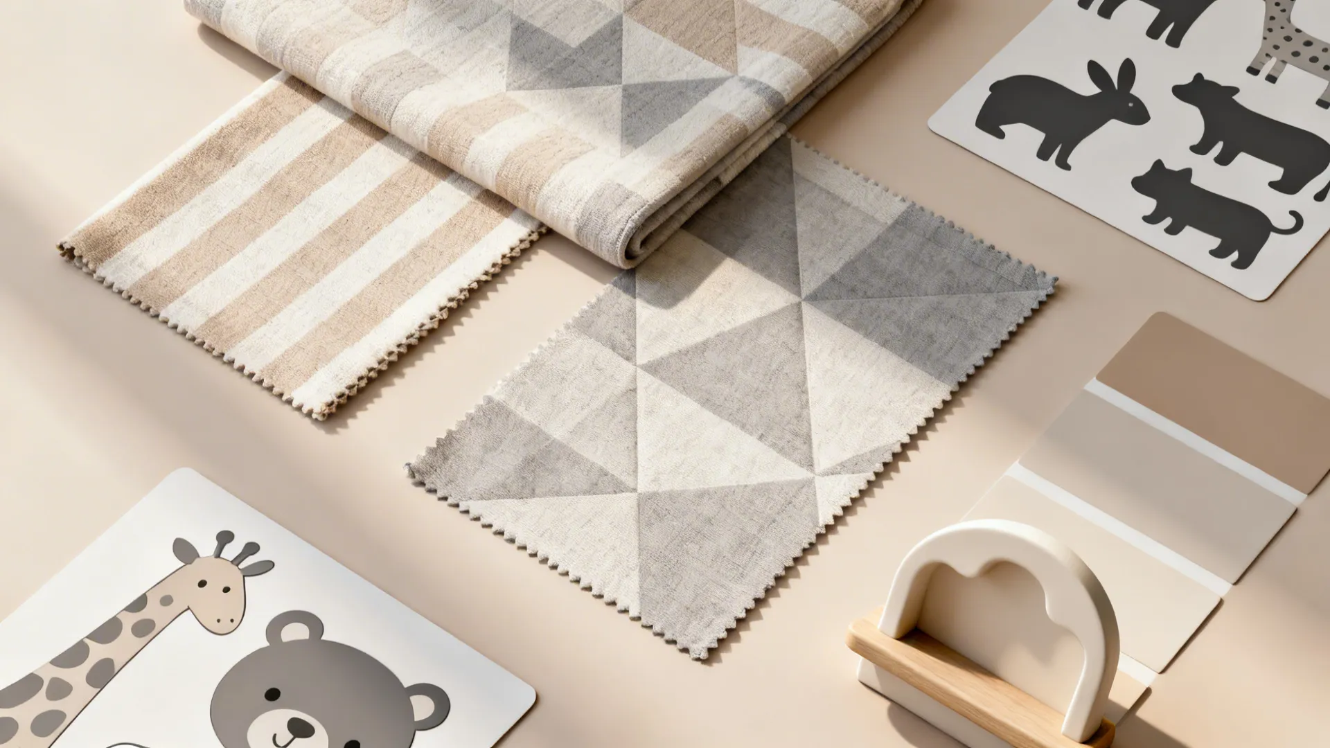 Flatlay of neutral fabric swatches, decals and paint chips for a playful nursery.