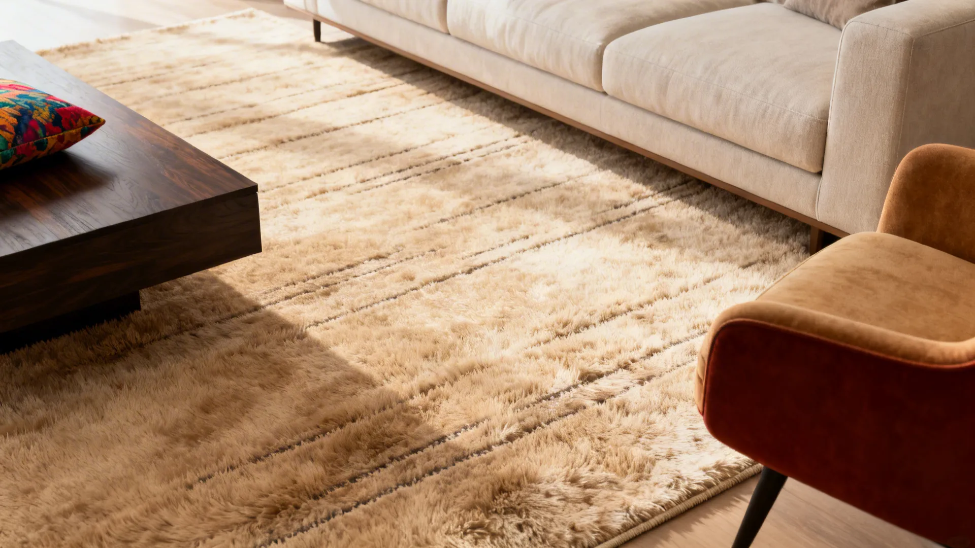 Warm beige plush rug with subtle linear texture in a living room with an accent chair and cushions