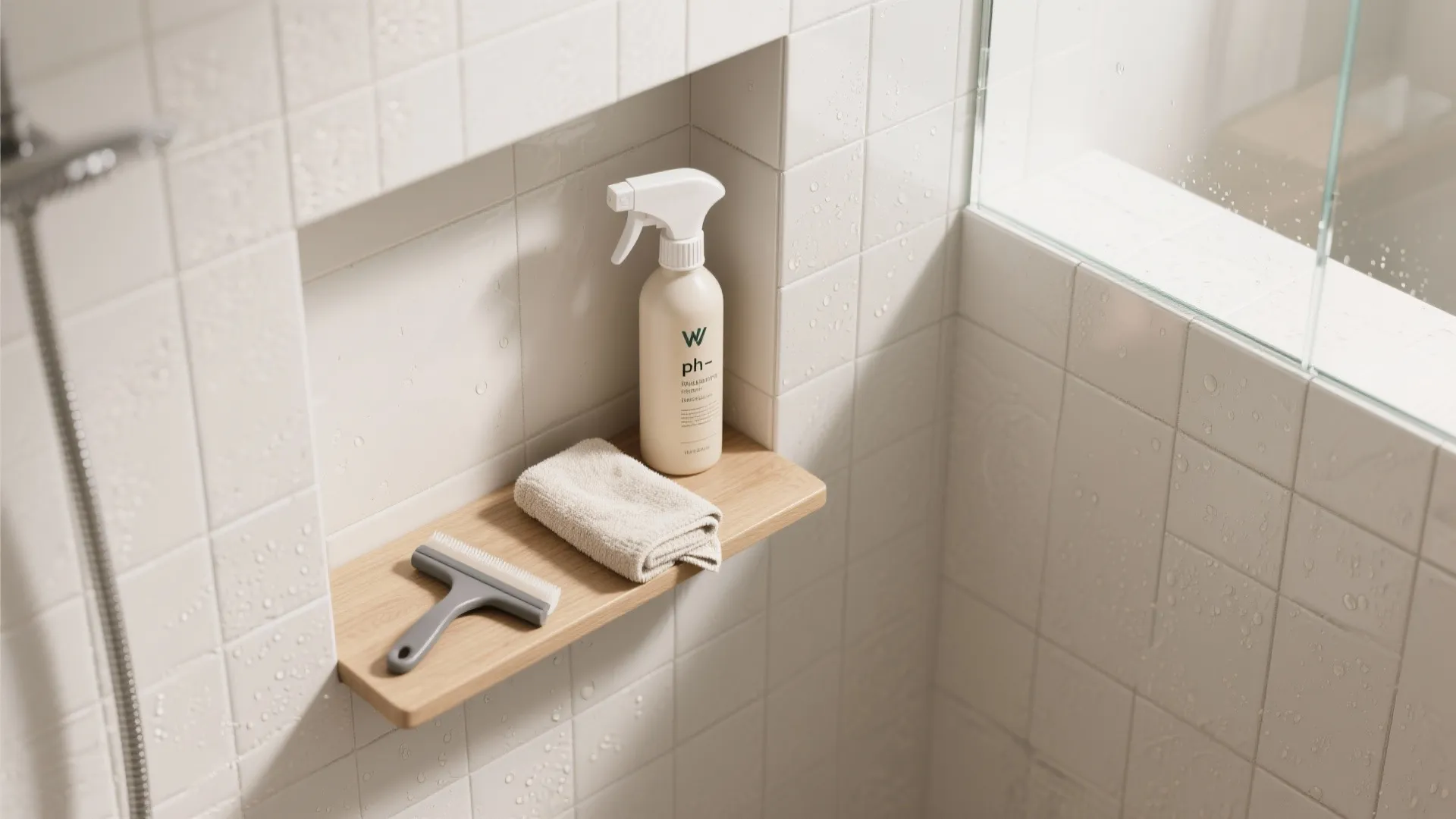 Top-down view of shower niche with neutral-pH spray, microfiber, and squeegee on clean porcelain tiles.