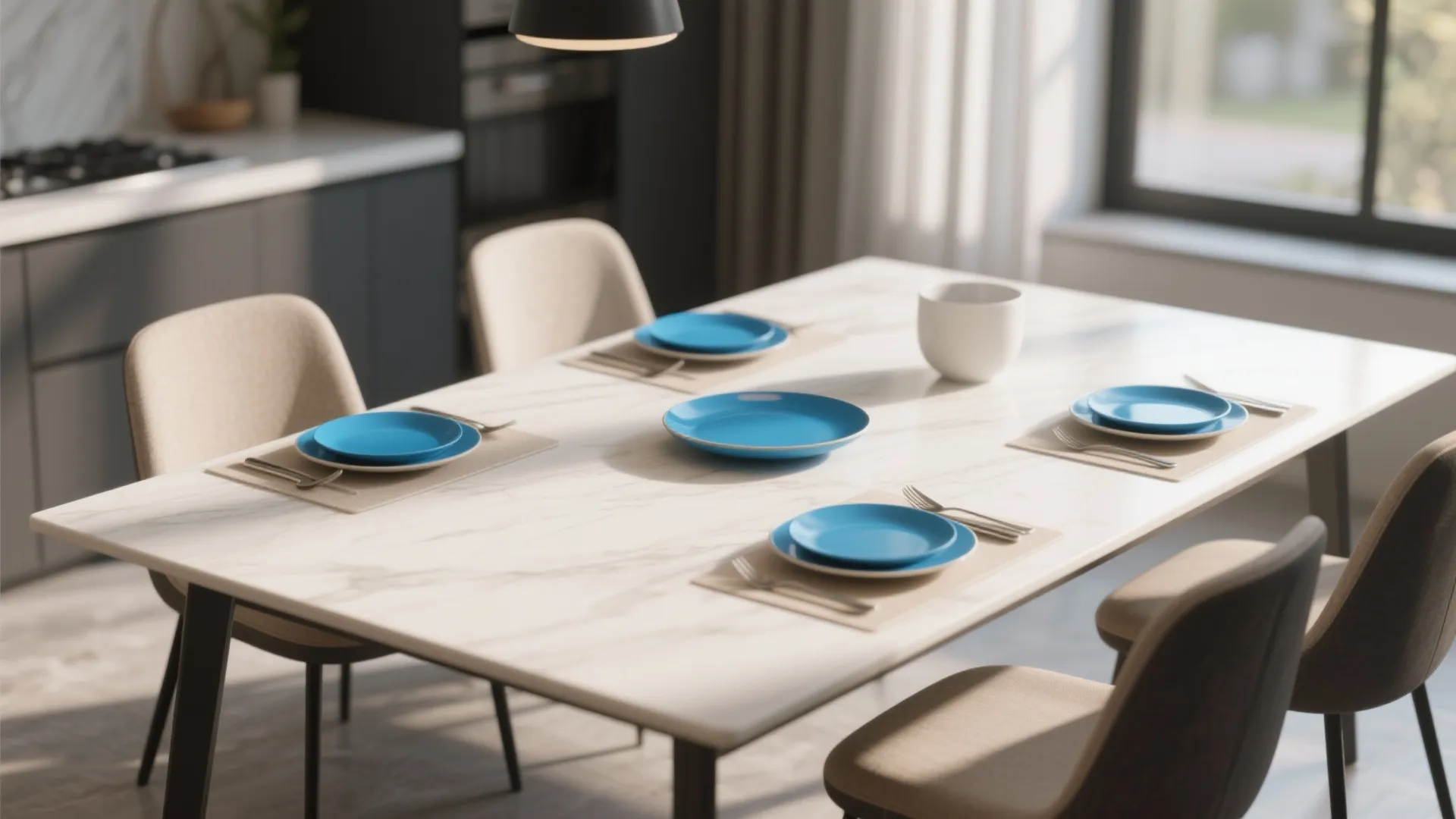 Neutral dining table setting with vibrant cobalt blue accent plates