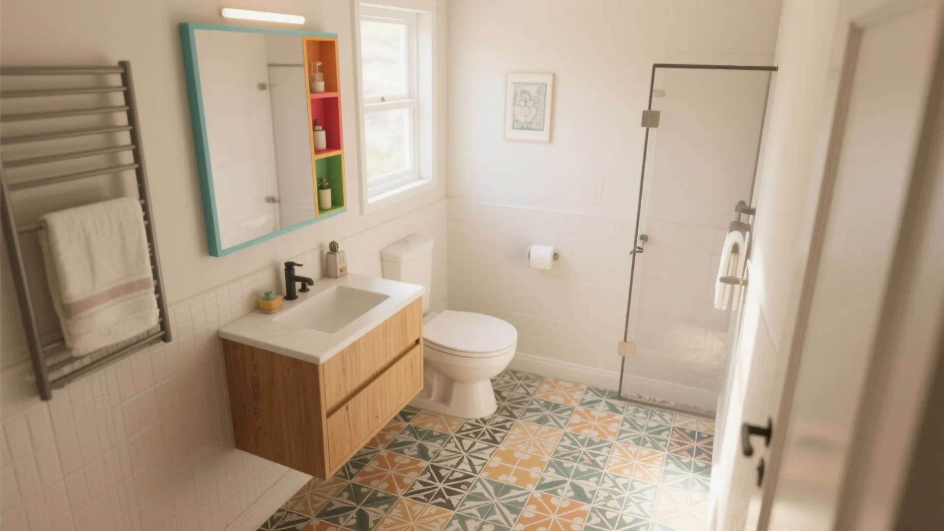 Neutral bathroom with a bold colorful vanity