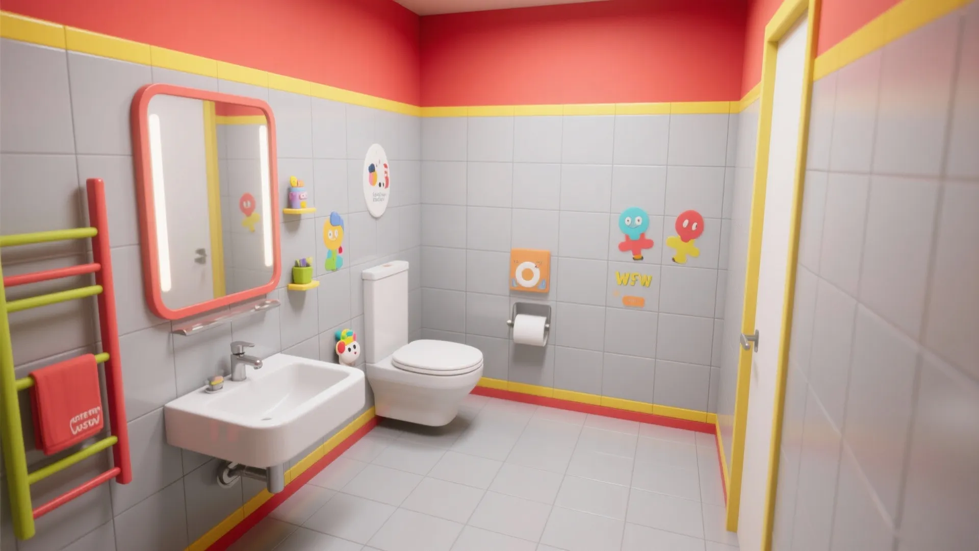 Modern bathroom with grey tiles red and yellow borders white sink toilet and a wall mirror