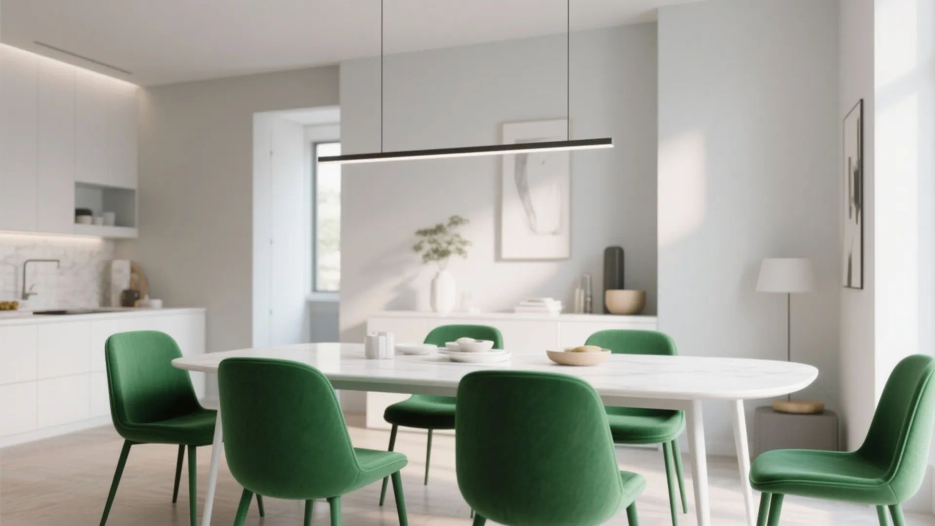 Minimalist dining room with white oval table green velvet chairs and long black light fixture
