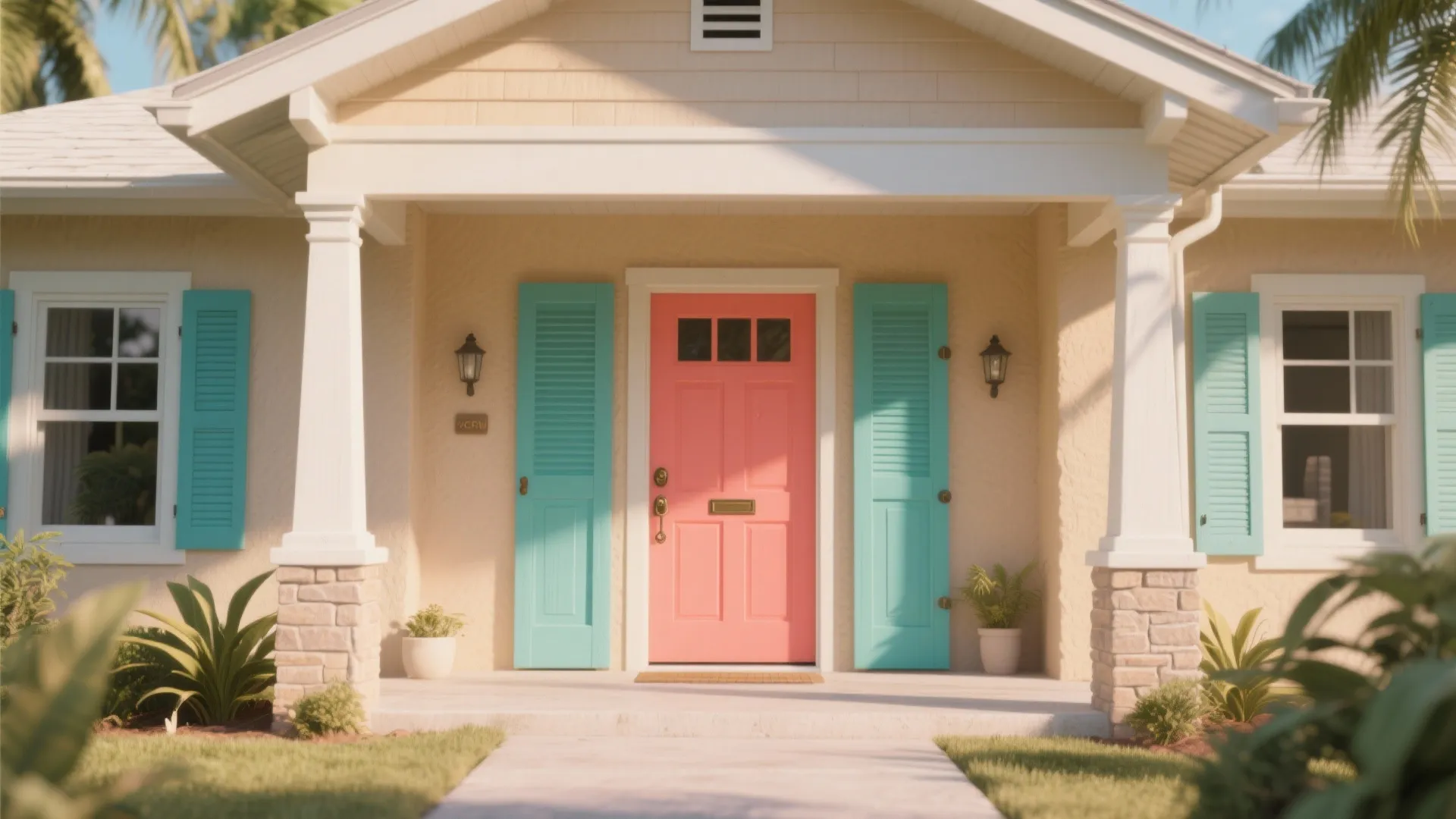 Sandy neutral exterior with coral front door and teal shutters, showing contrast and texture.