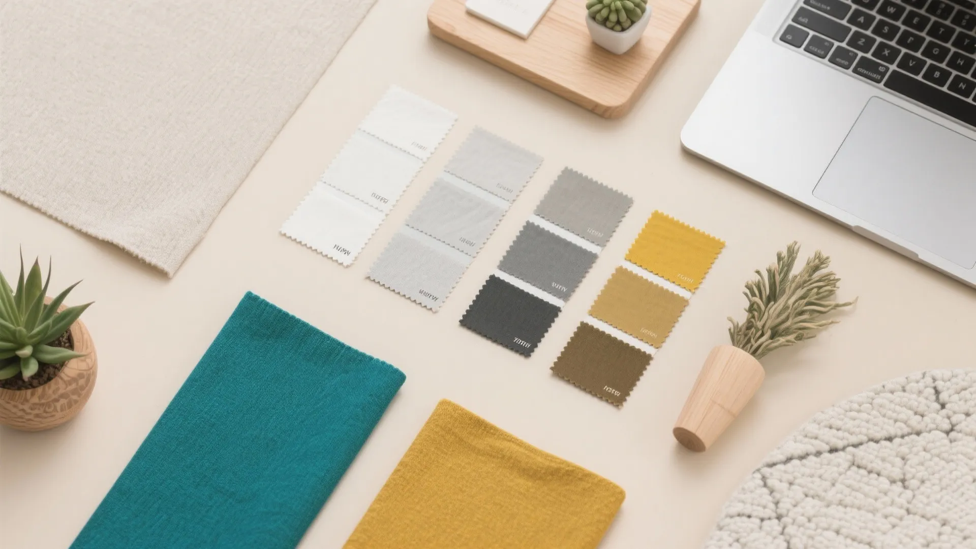 Desk with laptop and fabric color samples in white grey yellow and blue for design