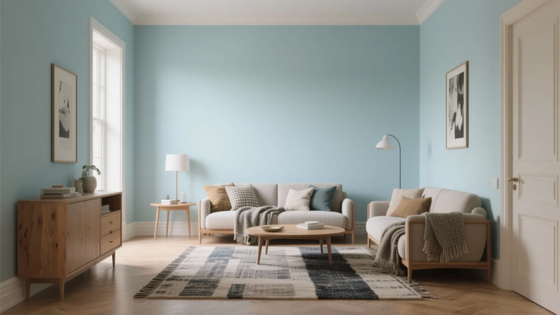 Light blue walls in living room with beige sofas wooden coffee table and patterned rug