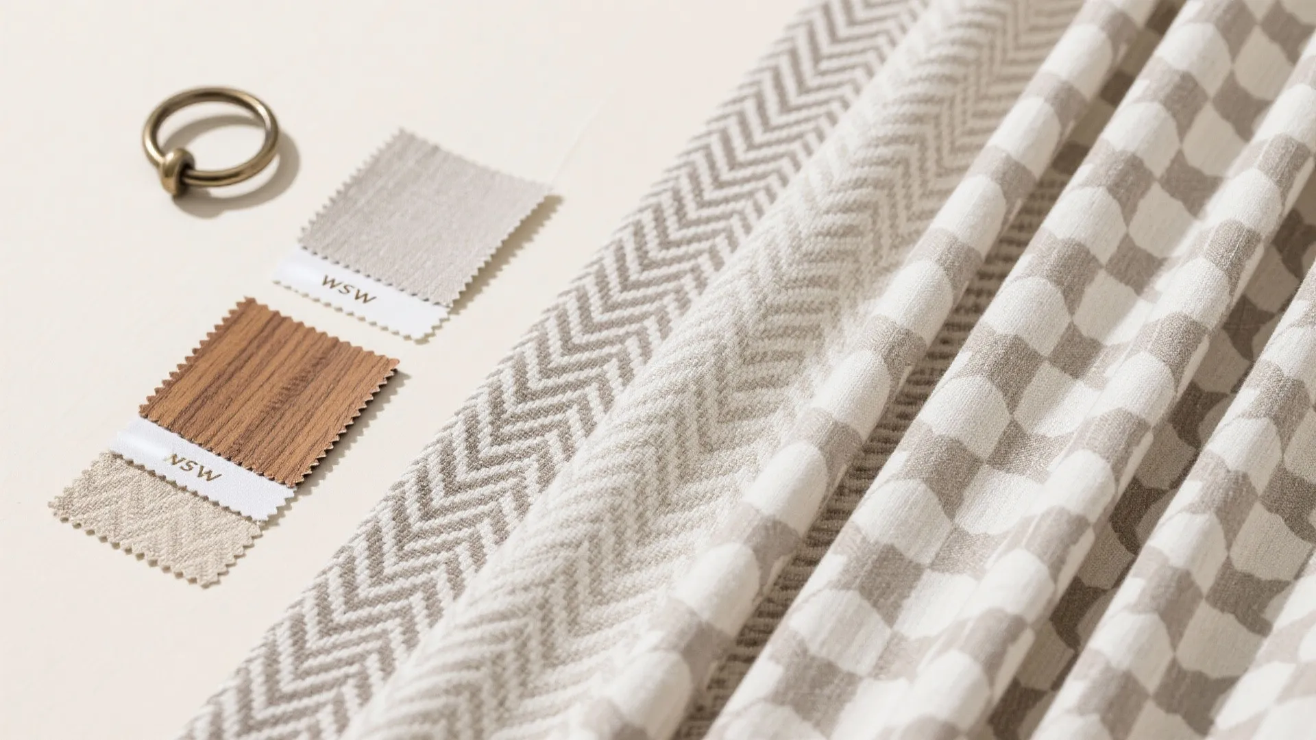 Flat lay of neutral curtain swatches with subtle prints and hardware samples on a light backdrop.