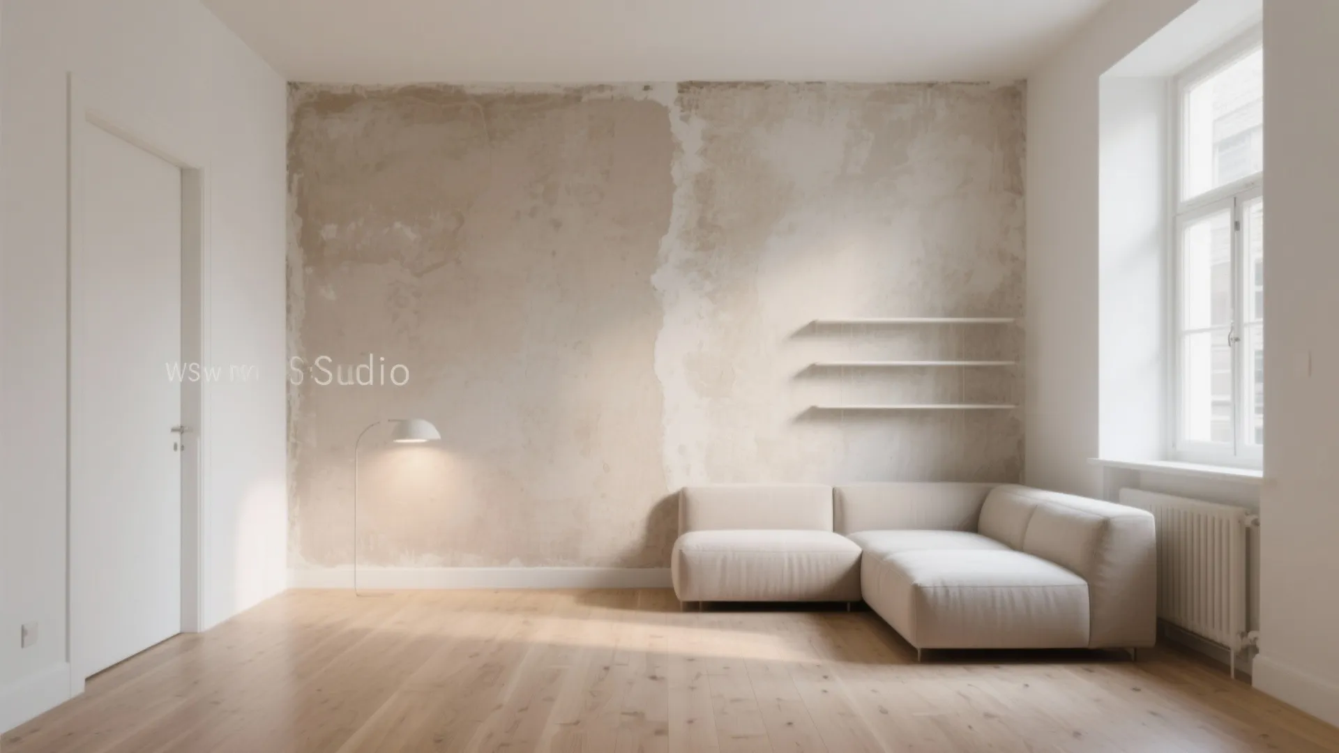 Modern living room with white sofa and textured beige wall near a white floor lamp