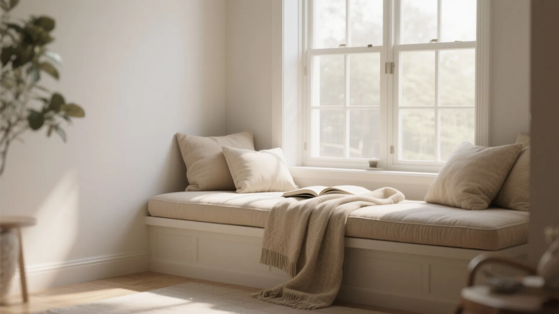 Cozy window seat with beige cushions soft blanket open book and natural sunlight from white windows