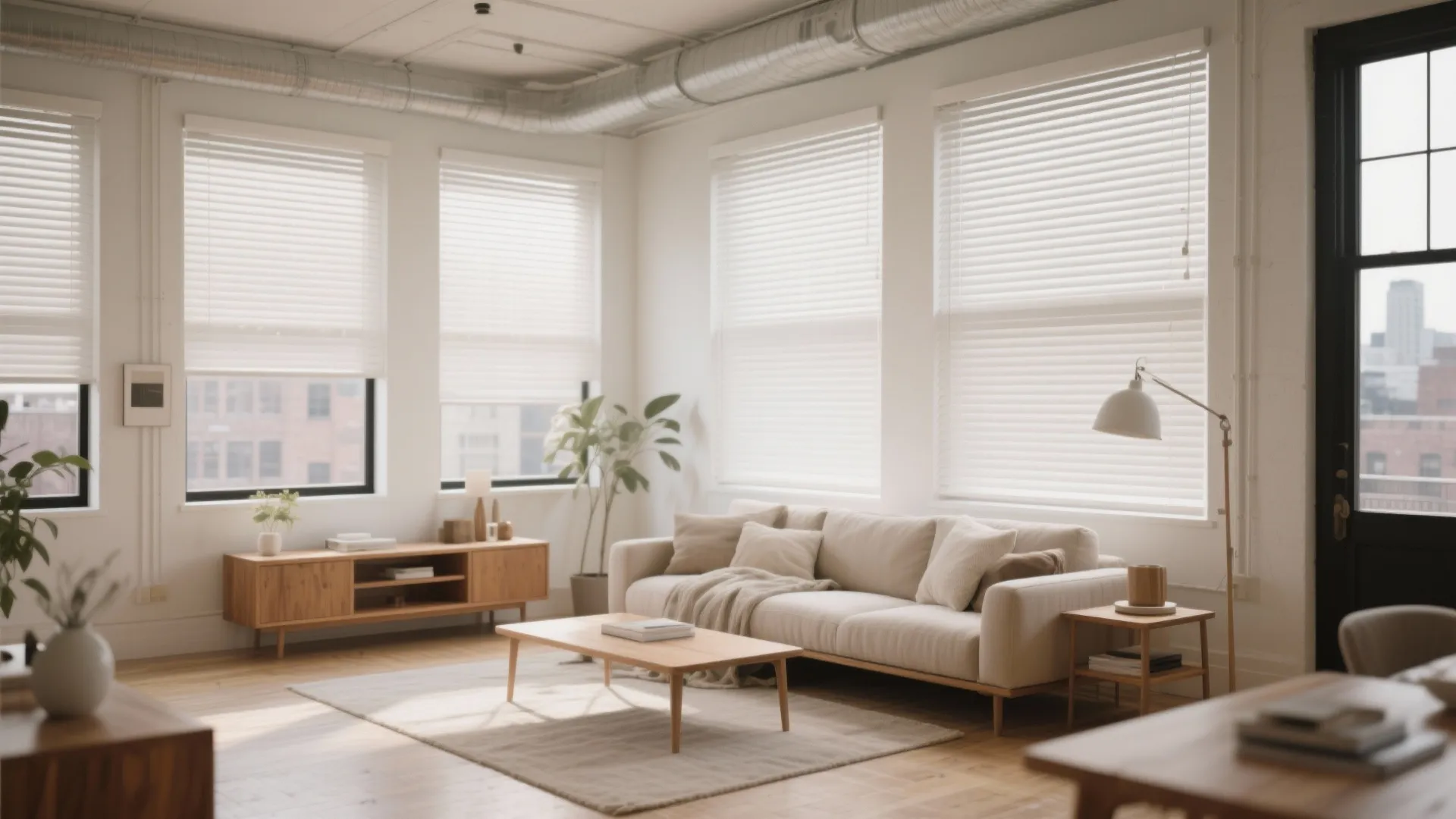 Minimalist living room with floor-to-ceiling neutral roller blinds