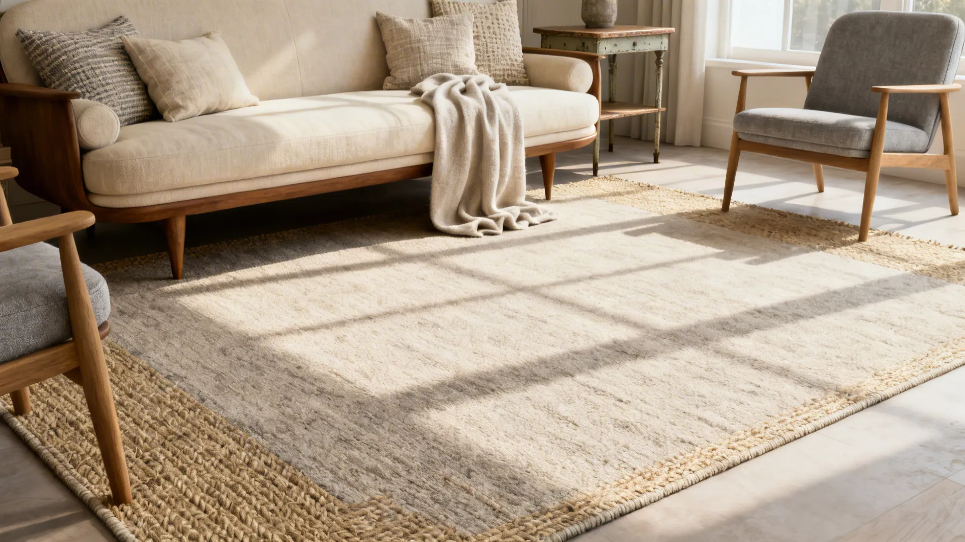 1. Anchor the Seating Area with a Substantial Neutral Rug
