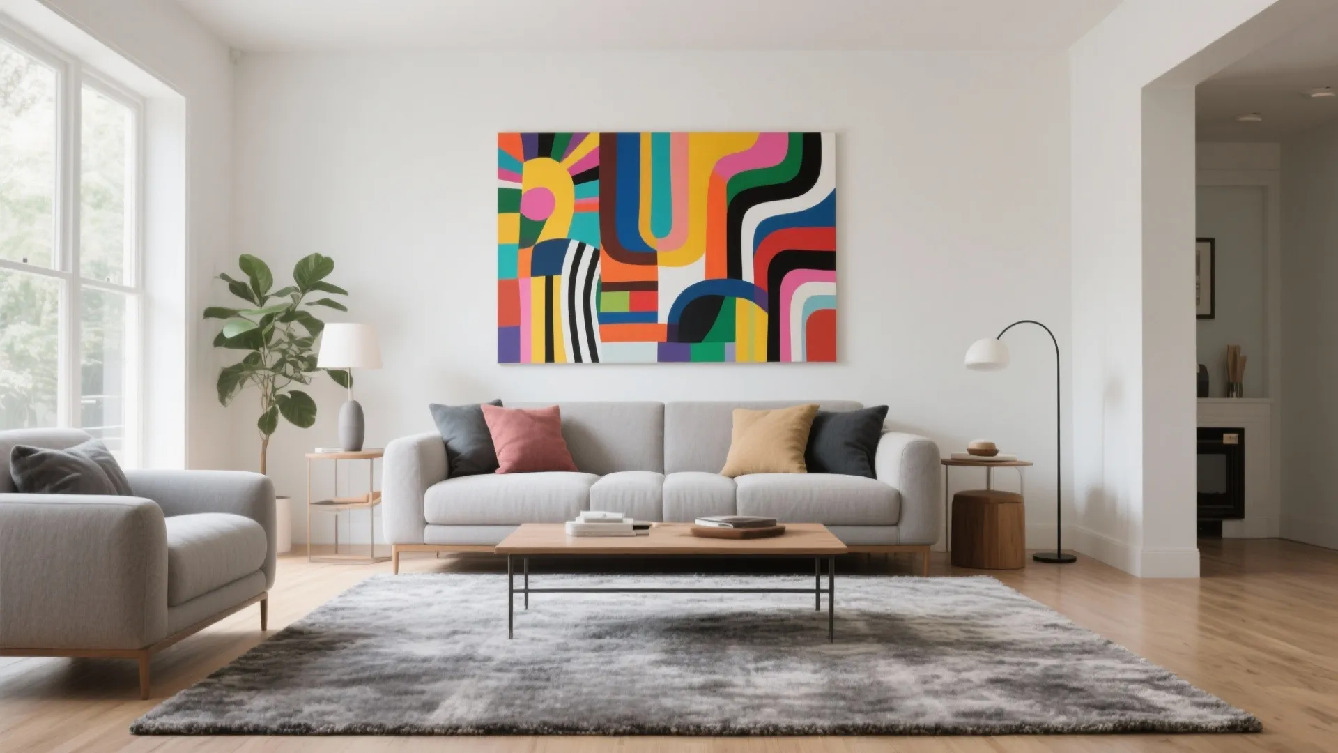 Neutral gray wool 5x7 rug grounding a living room with bold art