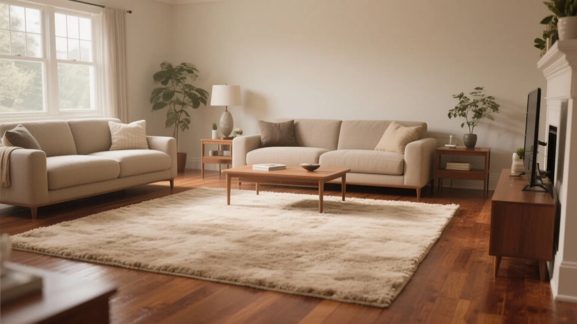 Large beige neutral rug on wooden floor in a living room with sofas and table