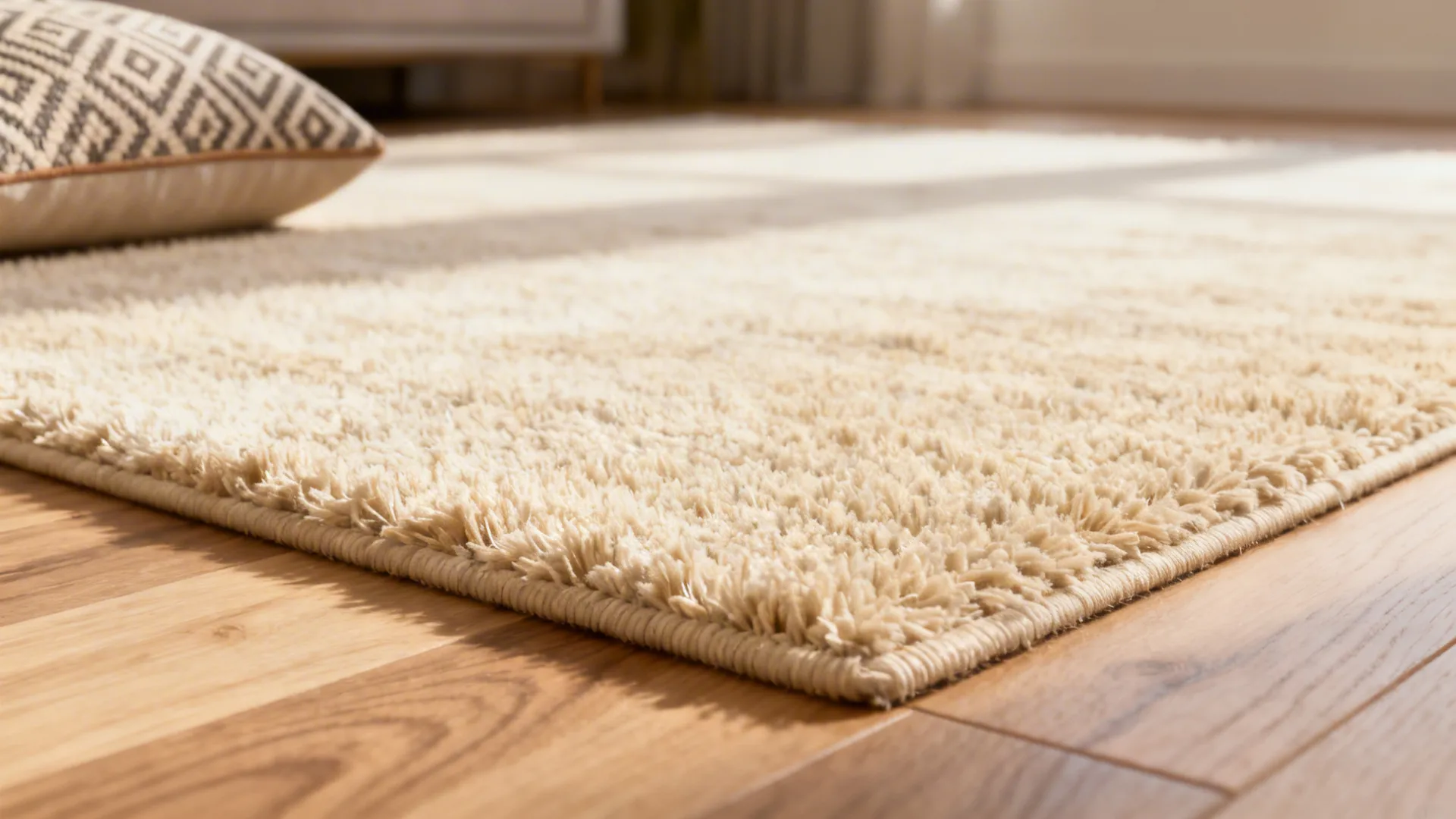Macro of a warm beige low-pile rug texture next to a patterned cushion and wooden floor