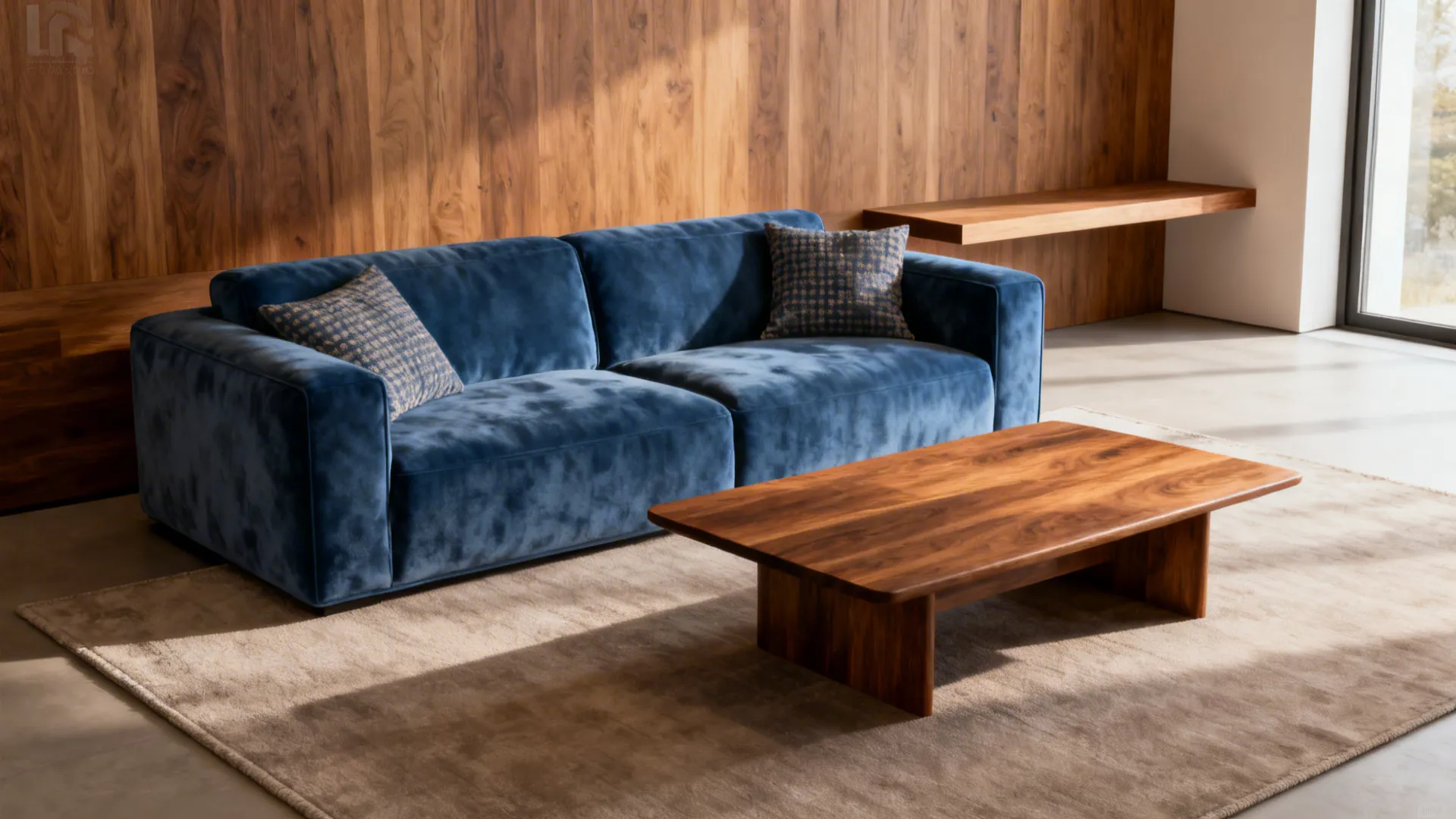 1. Anchor with a Neutral Rug and Warm Wood